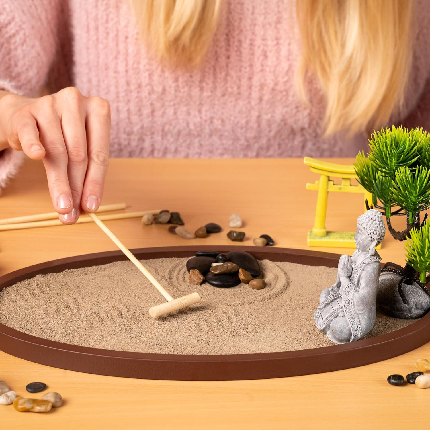Zen Garden for Desk 13X8In – Japanese Decor with Buddha, Artificial Bonsai