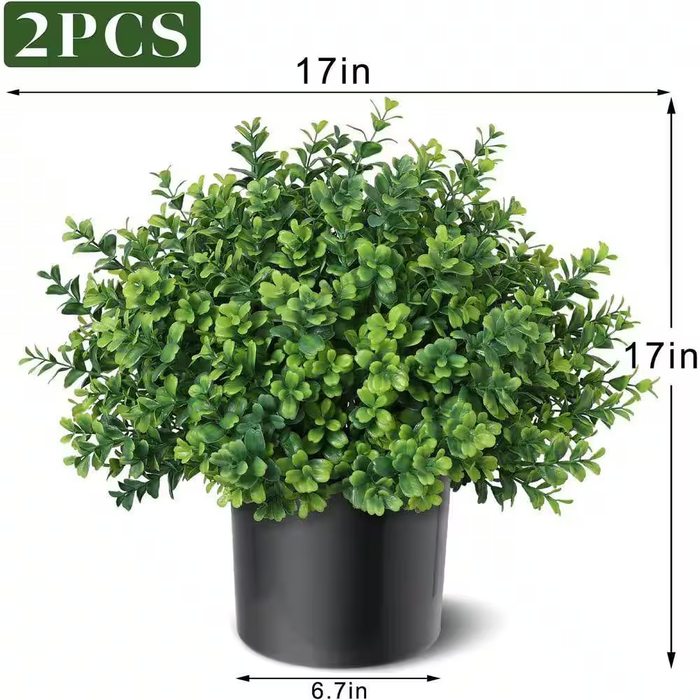 17 In. Green Indoor/Outdoor Artificial Boxwood Topiary Potted Plant Set 2-Pack U