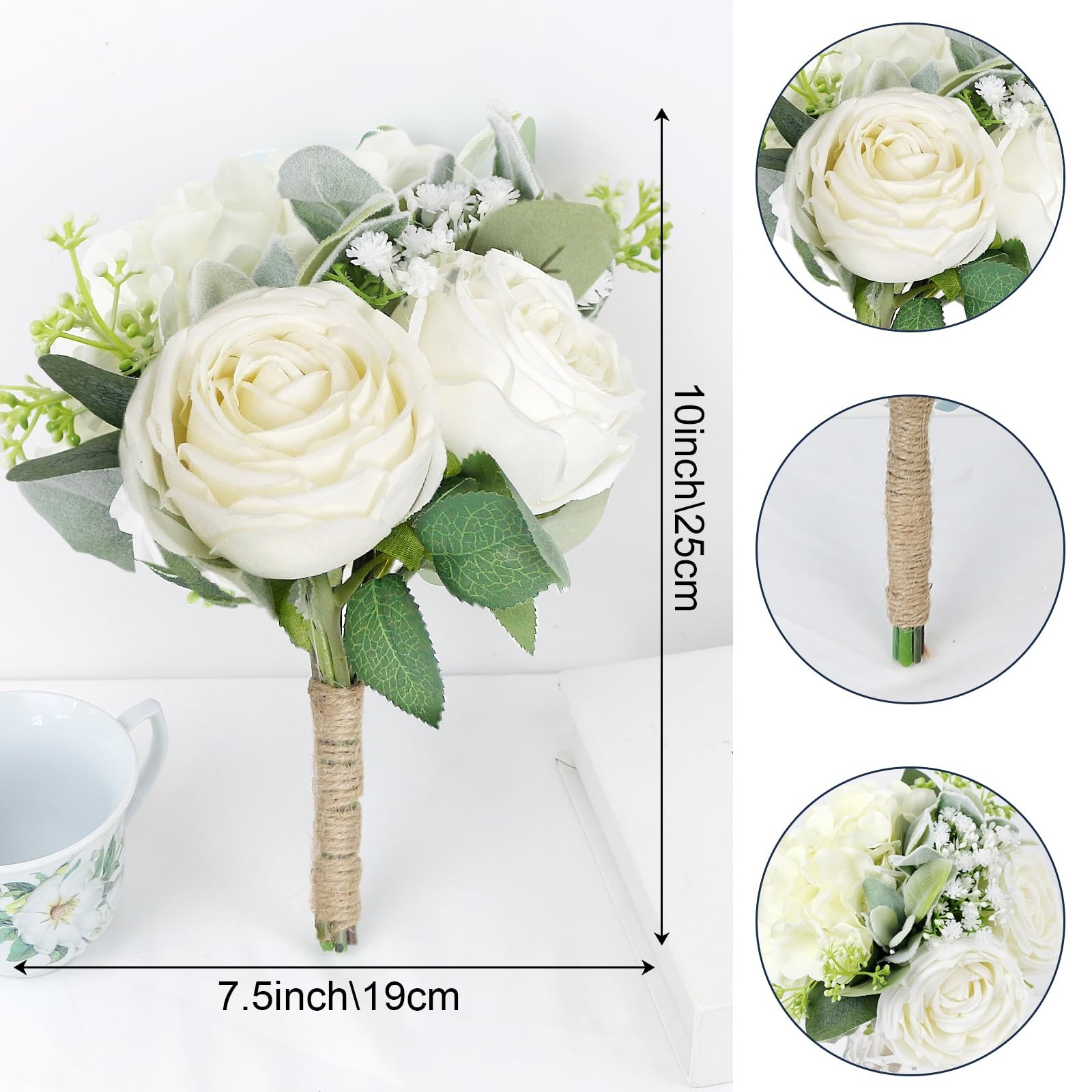 Bridesmaid Bouquets Set of 6 – Ivory White Artificial Flowers Bouquet for Bri…