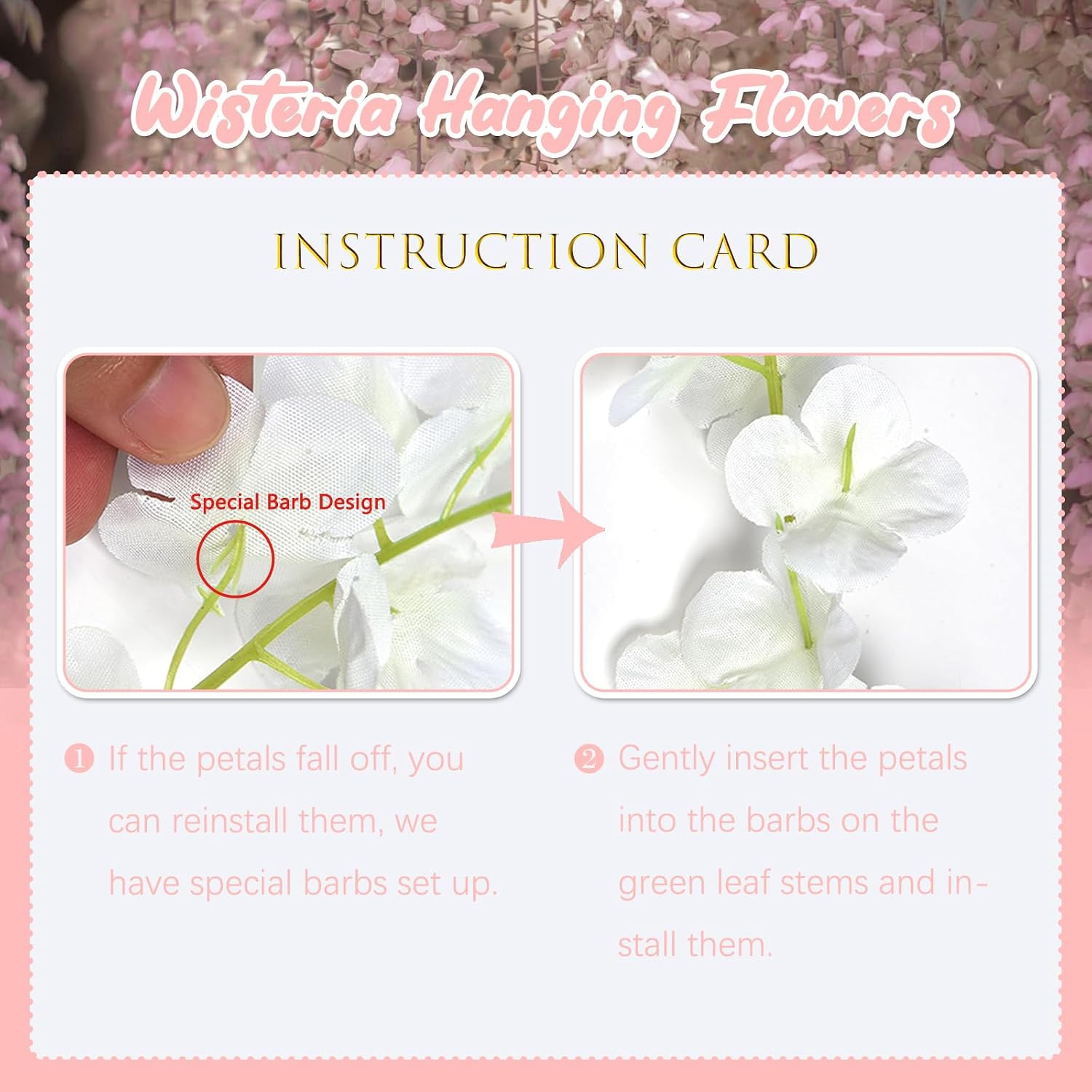36 Pack Light Pink Wisteria Hanging Flowers, 3.44 Ft Fake Hanging Flowers, Artif