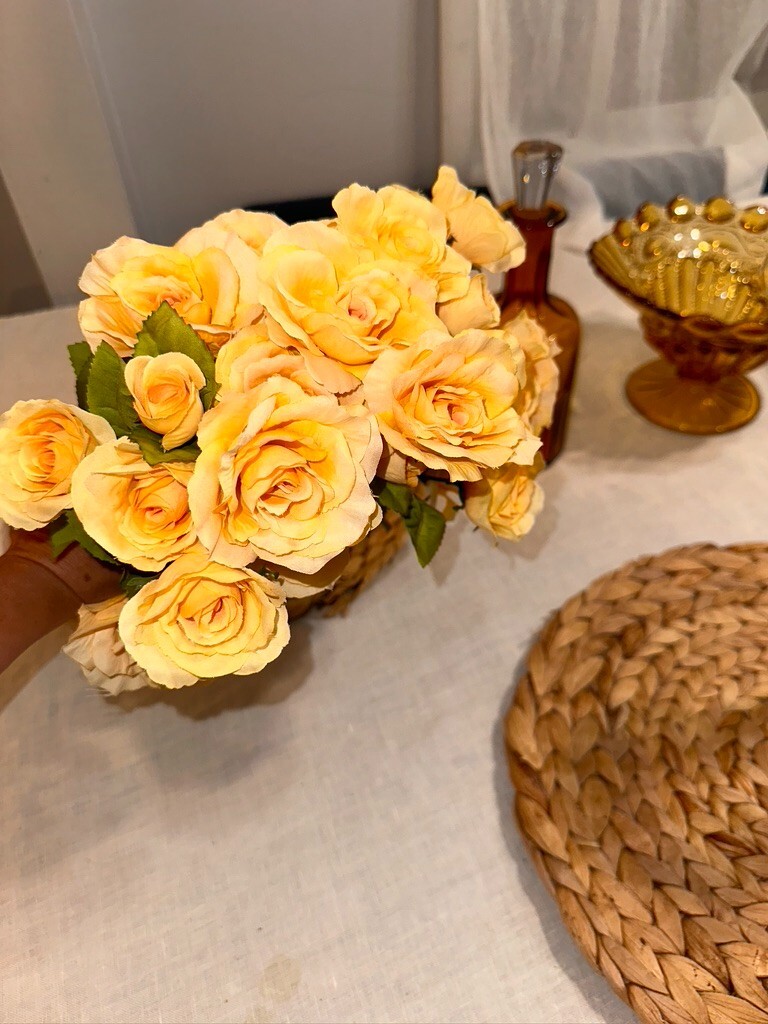2 set 14″ Tall 14 Stems Yellow Roses Artificial Flowers Blossom Silk glass vase