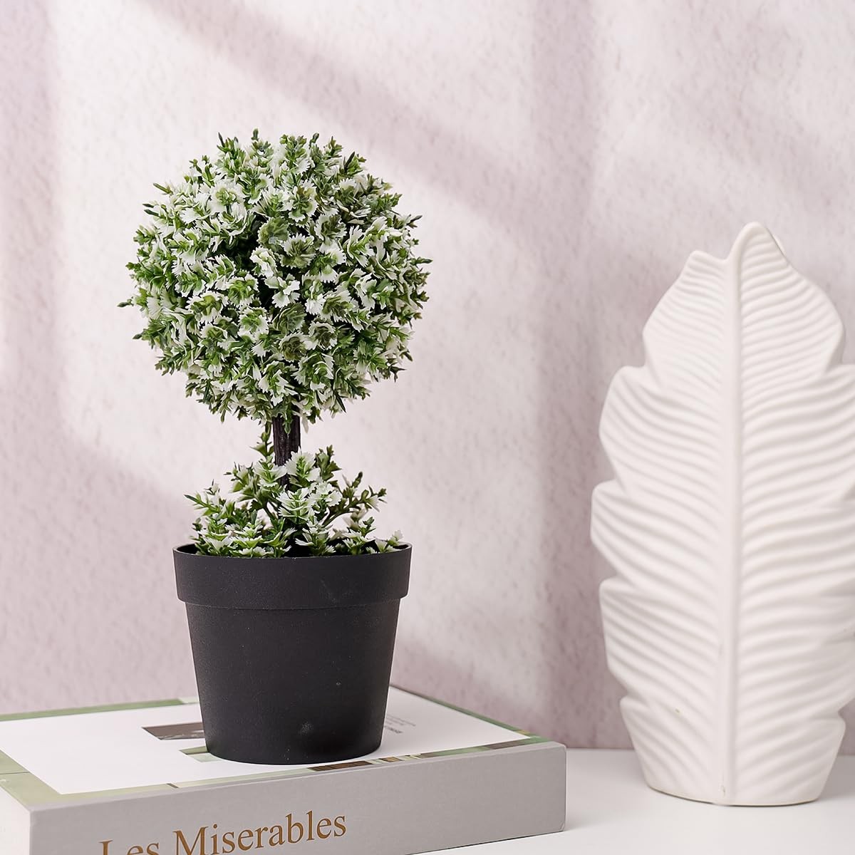 9.8 Inch Artificial Topiary Plant with White Leaves – Fake Boxwood Potted Tre…