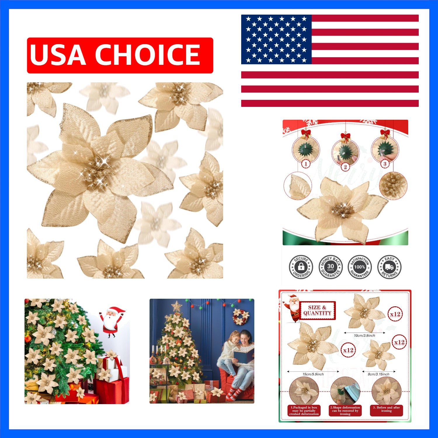 36 Pcs 3 Size Christmas Poinsettia Christmas Tree Flowers Glitter Faux Flower…
