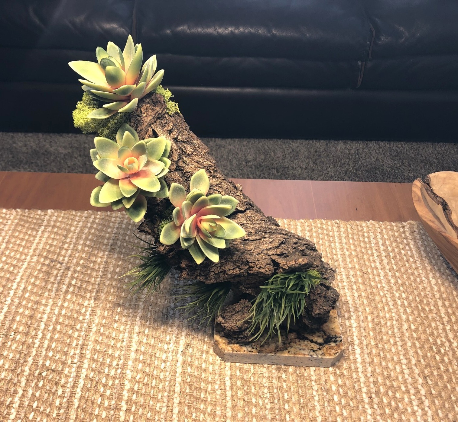 Artificial Succulent Air Plant Home Office Mounted on Real Wood Bark and Stone