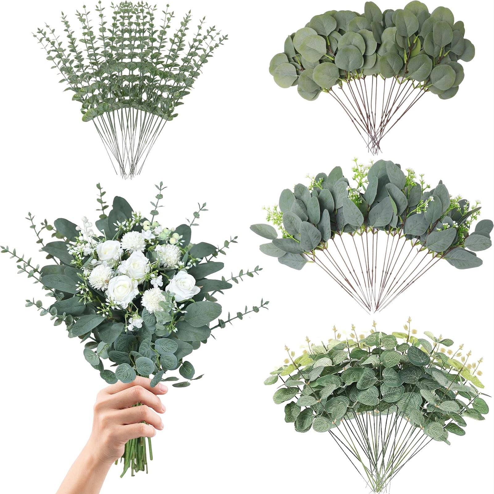 Eucalyptus Leaves Stems 100 PCS, 4 Kinds Mixed Artificial Greenery Stems for …