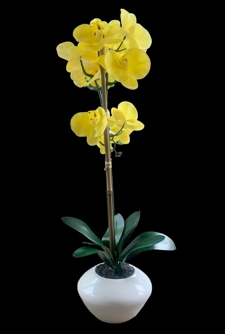 Faux Orchid Yellow In White Ceramic Vase 27.5” Tall X 15” Wide Decorative