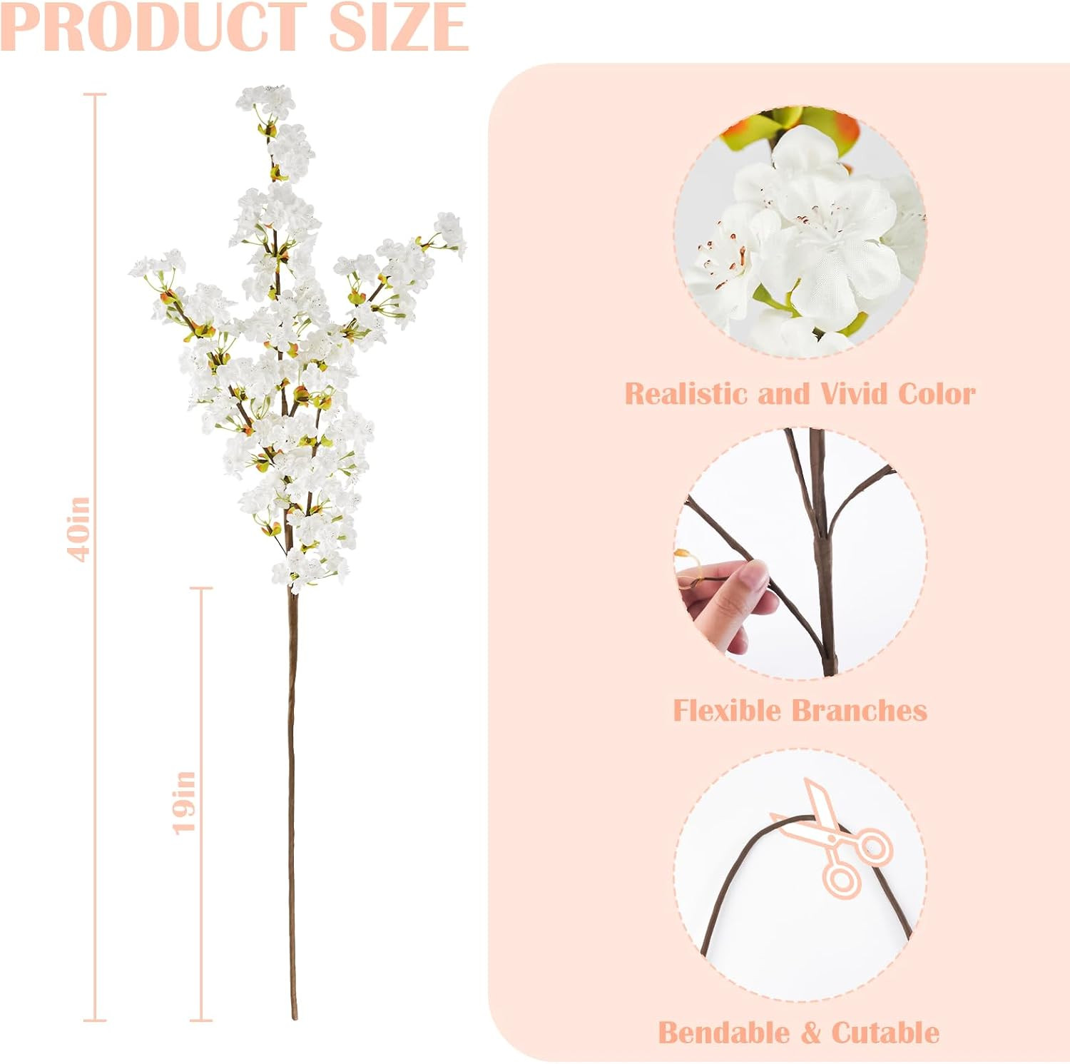 24Pcs Silk Cherry Blossom Branches, 39.3In Artificial Cherry Blossom Tree Stems,