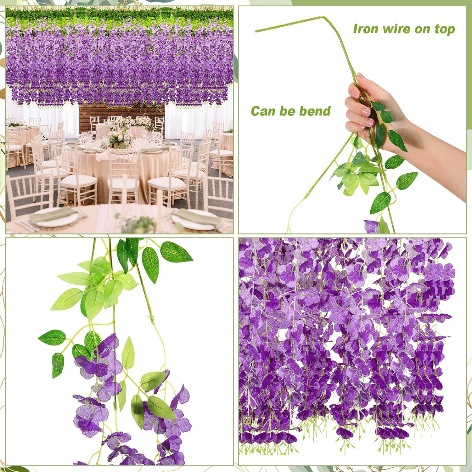 Dark Purple Wisteria Hanging Flowers – 108 Pack Silk Vine Garland for Events