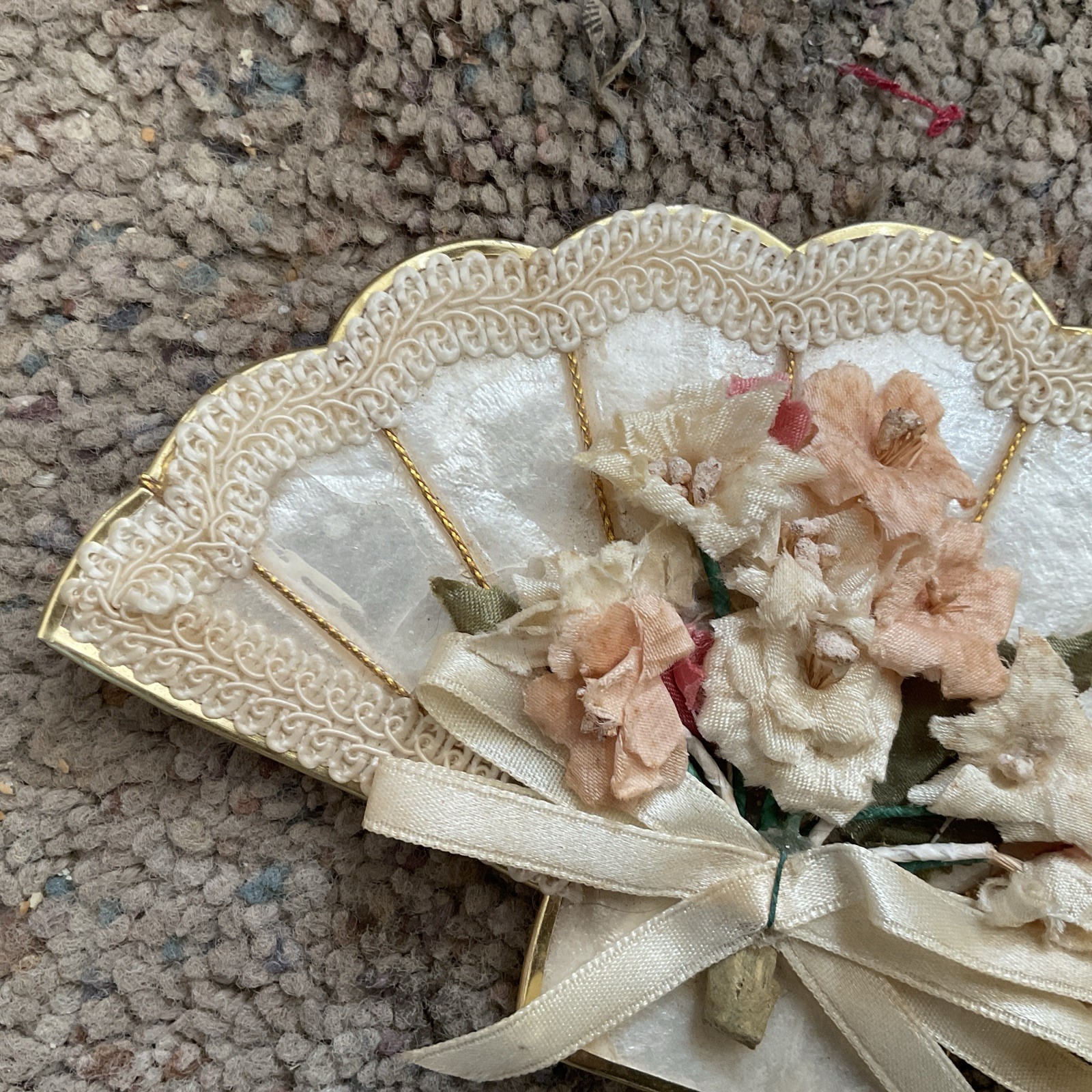 MC Coastal Capiz Shell Fan Trimmed with Gold Lace/Flowers Victorian Style Decor