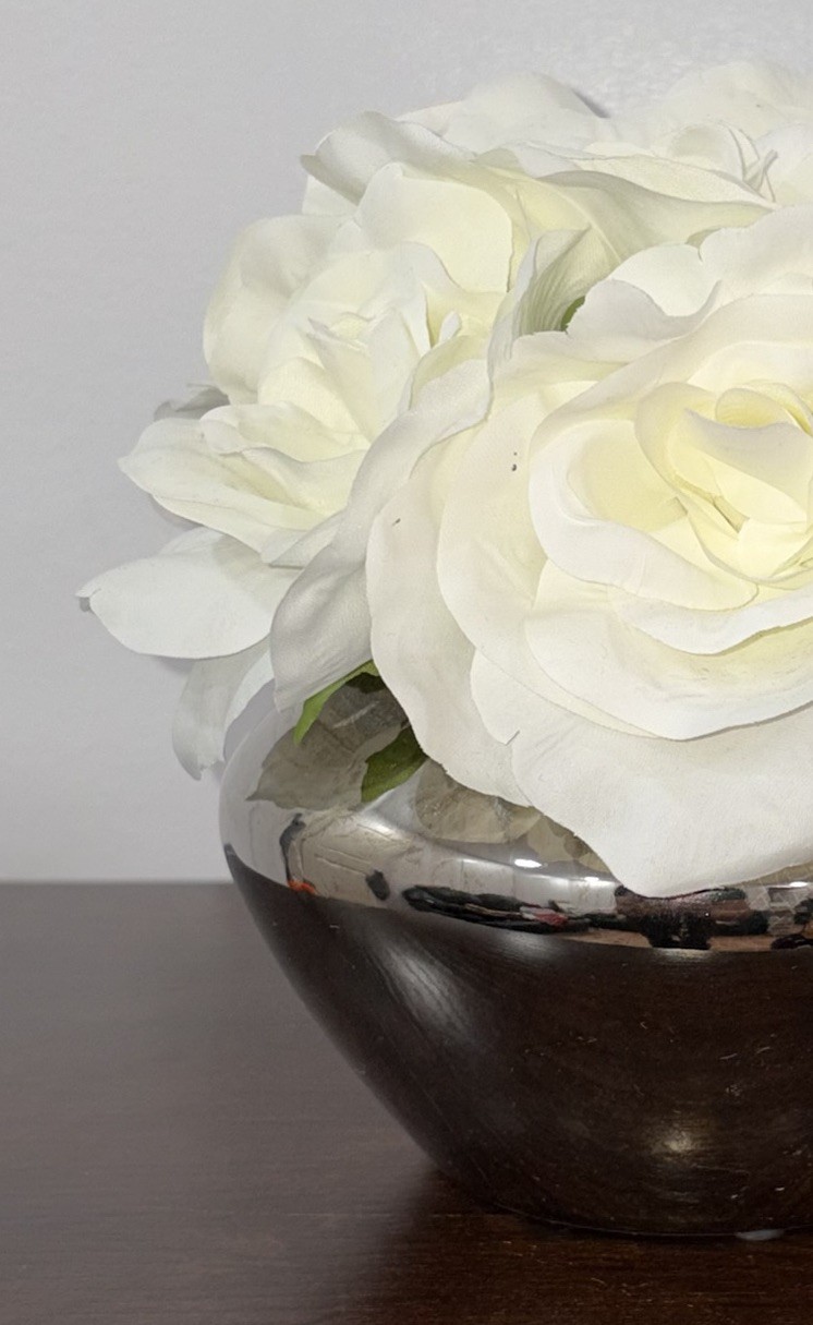 Gardeners Eden Faux White Rose Floral Arrangement in Silver Bowl Centerpiece 8×8