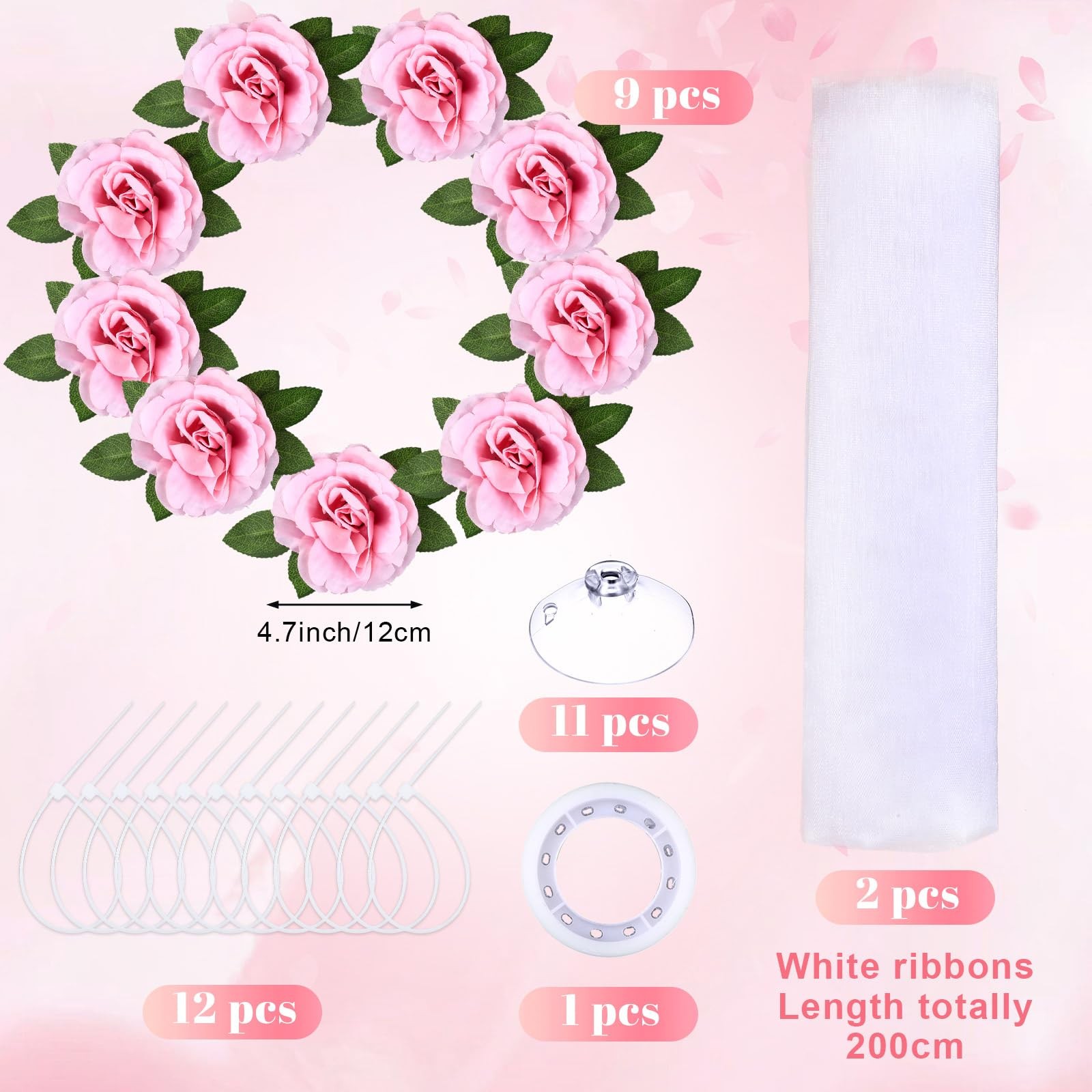 Wedding Car Decorations Pink Artificial Flowers Rose Bouquet Ribbon Set Prop