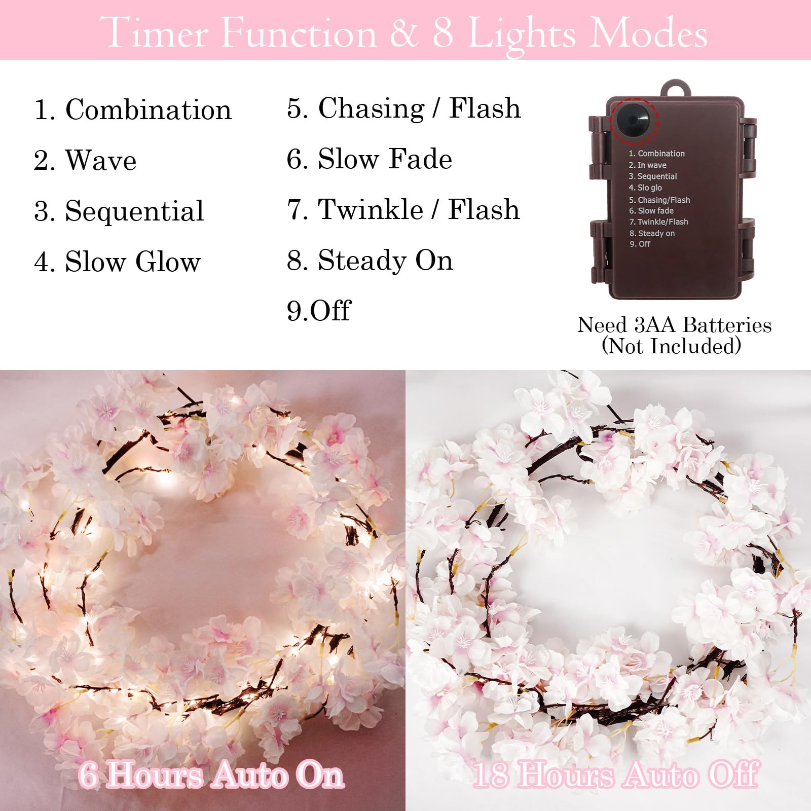 6FT Lighted Cherry Blossom Garland with 100 Fairy Lights Timer Battery Operat…