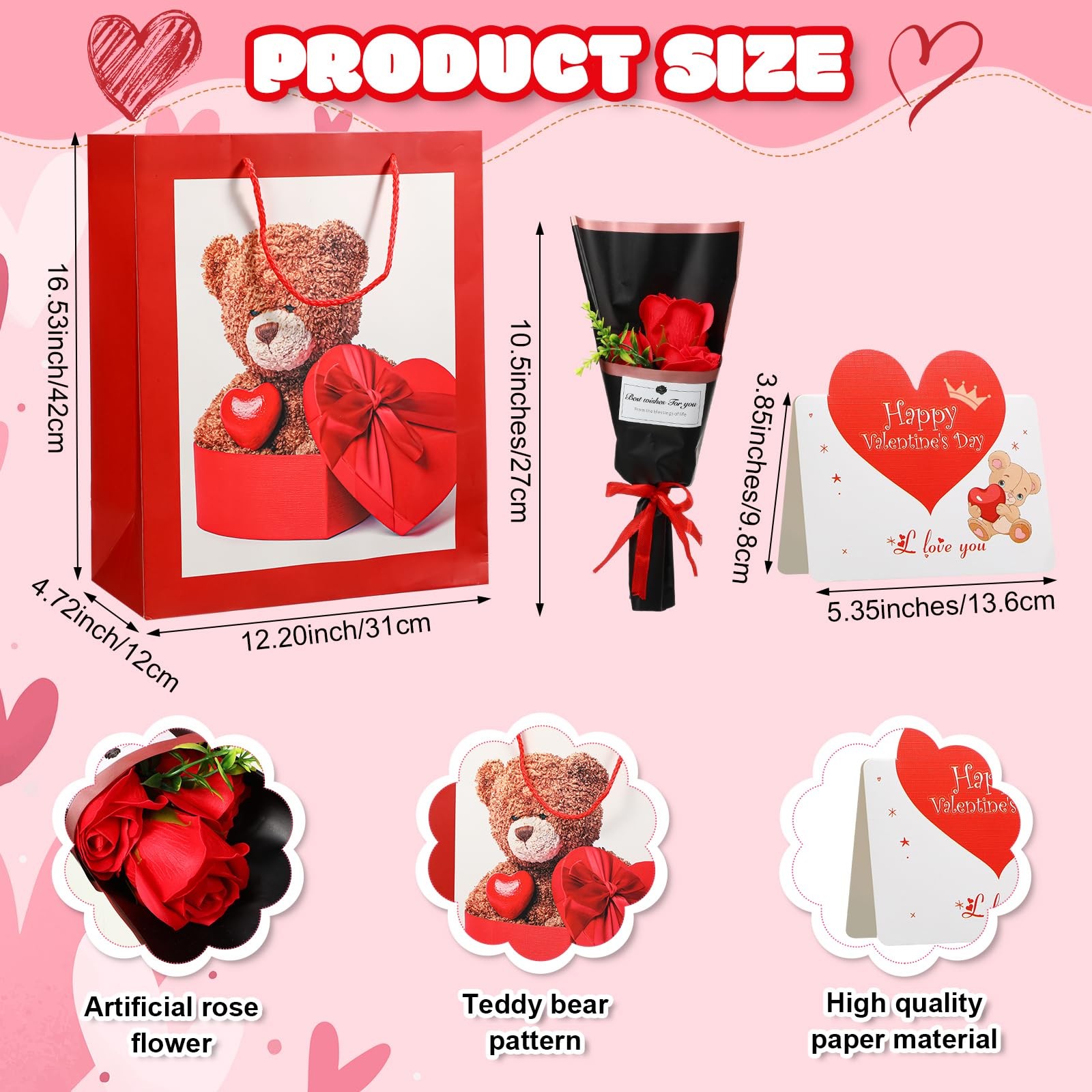 4 Pcs Valentine’s Day Bear Gifts Set Include 12 Inch Heart Bear Artificial Ro…
