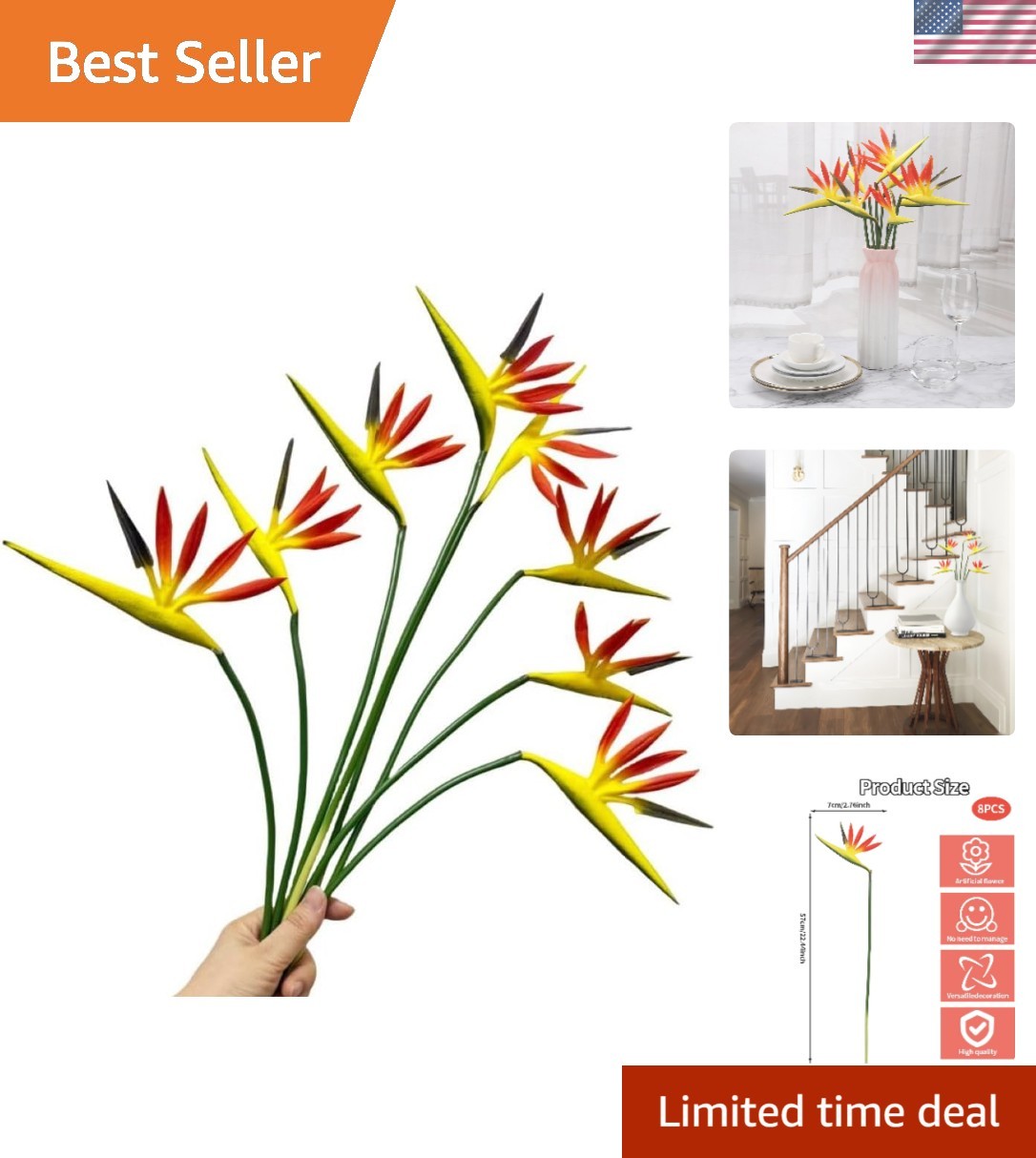 Chic 8 Pack of 21.5 Inch Bird of Paradise Faux Flowers – No Maintenance Required