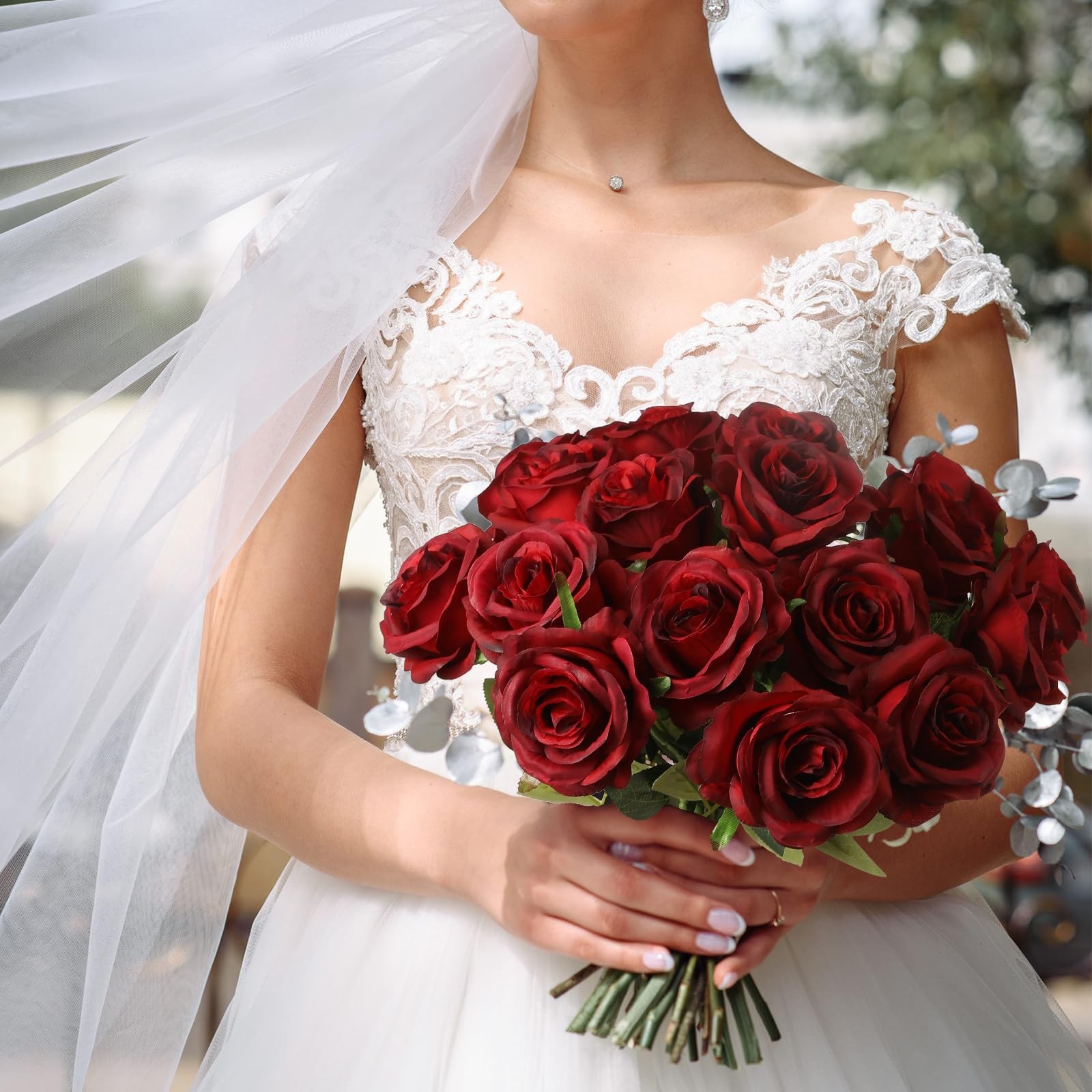 Nubry 24pcs Artificial Burgundy Roses, Fake Silk Roses Flower with