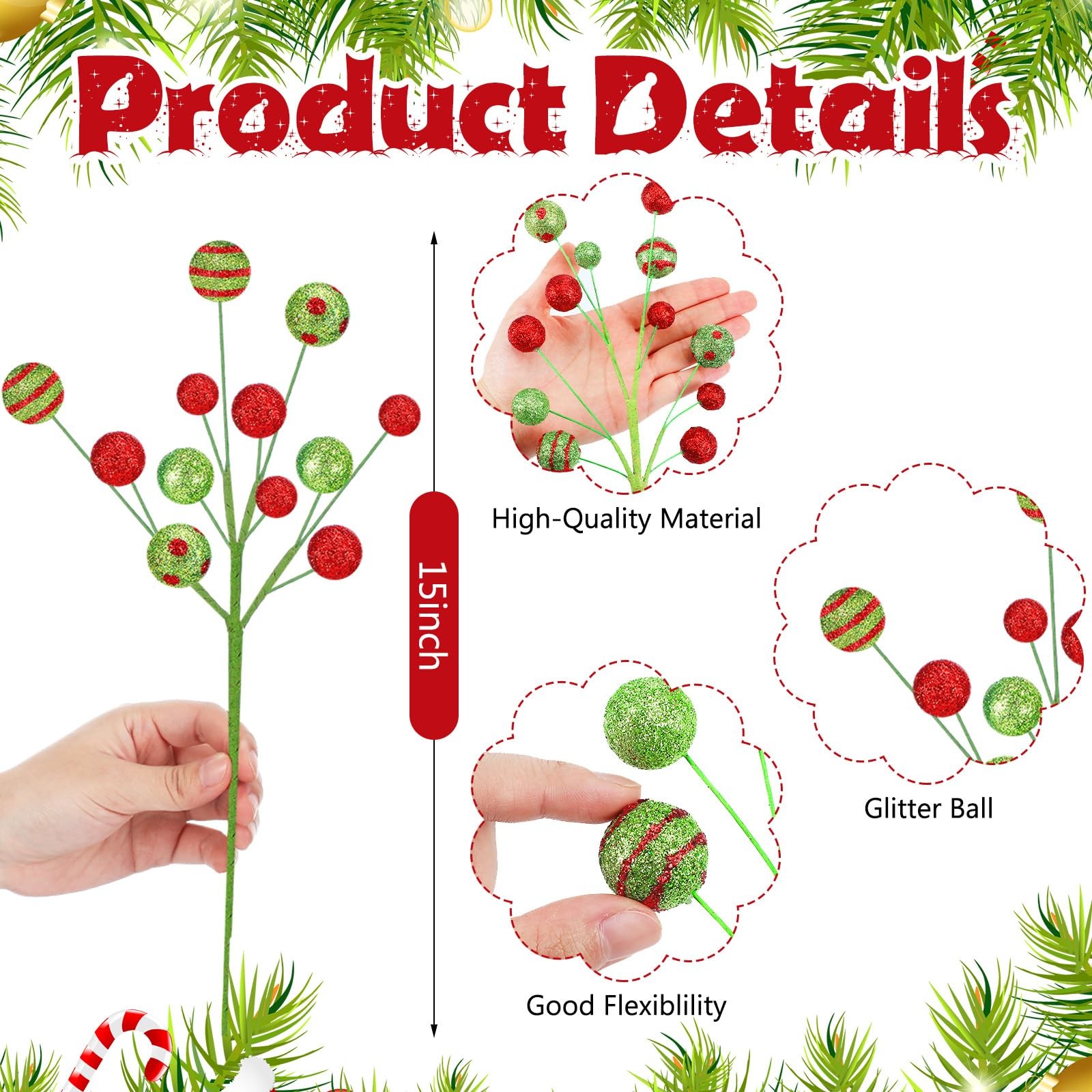 10 PCS 15 Inch Red Green Stripe Polka Dot Candy Christmas Tree Picks Decor