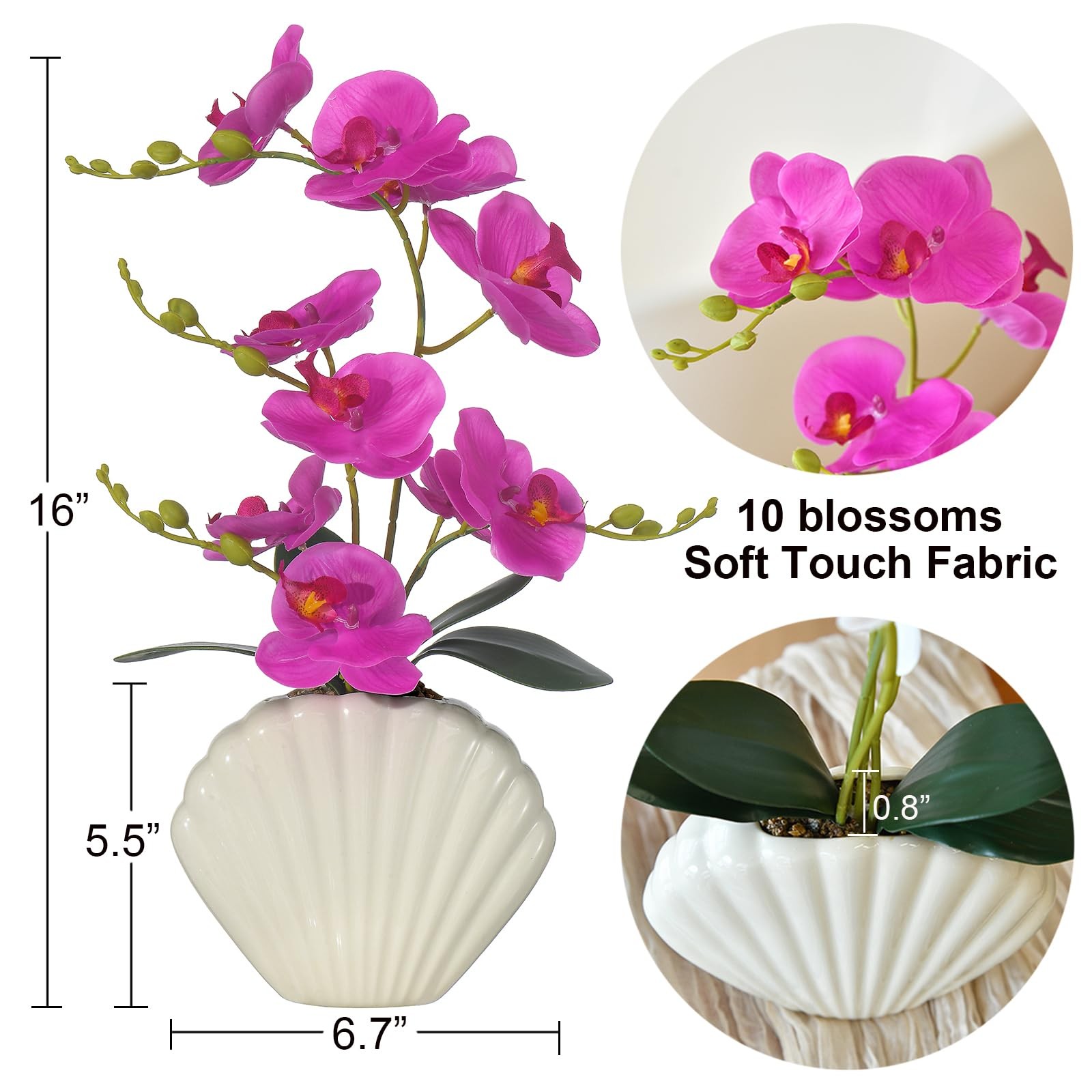 Artificial Phalaenopsis Orchid Plant in Seashell Pot, 16″ Fake Orchid Flowers…