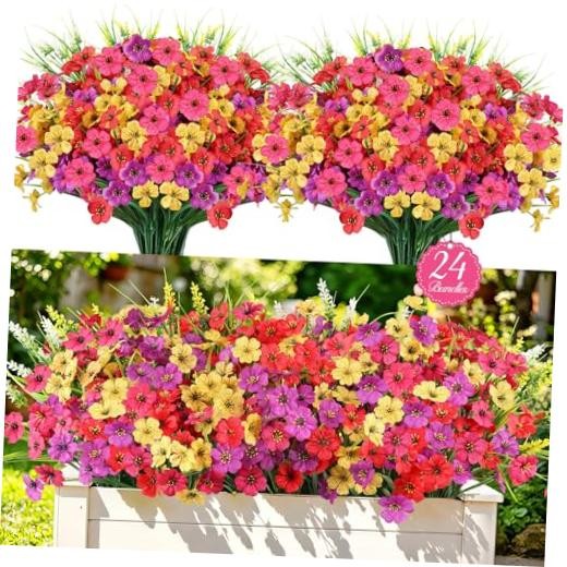 24PCS Fake Flowers Outdoor, UV Resistant Artificial Silk Flowers | Realistic