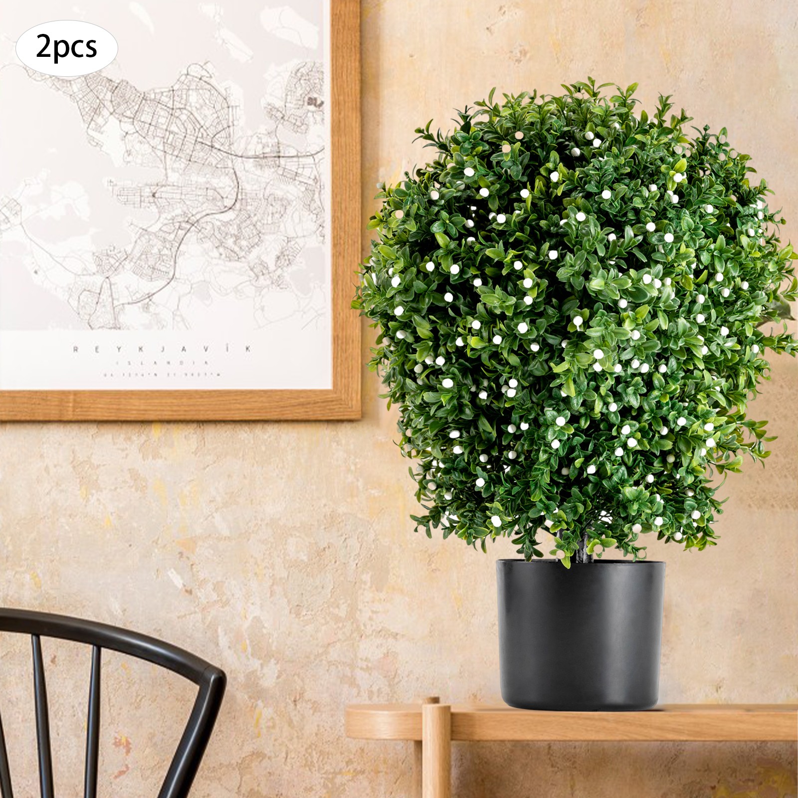 20″ Tall Artificial Boxwood Topiary Ball Tree with White Flowers for Front Porch