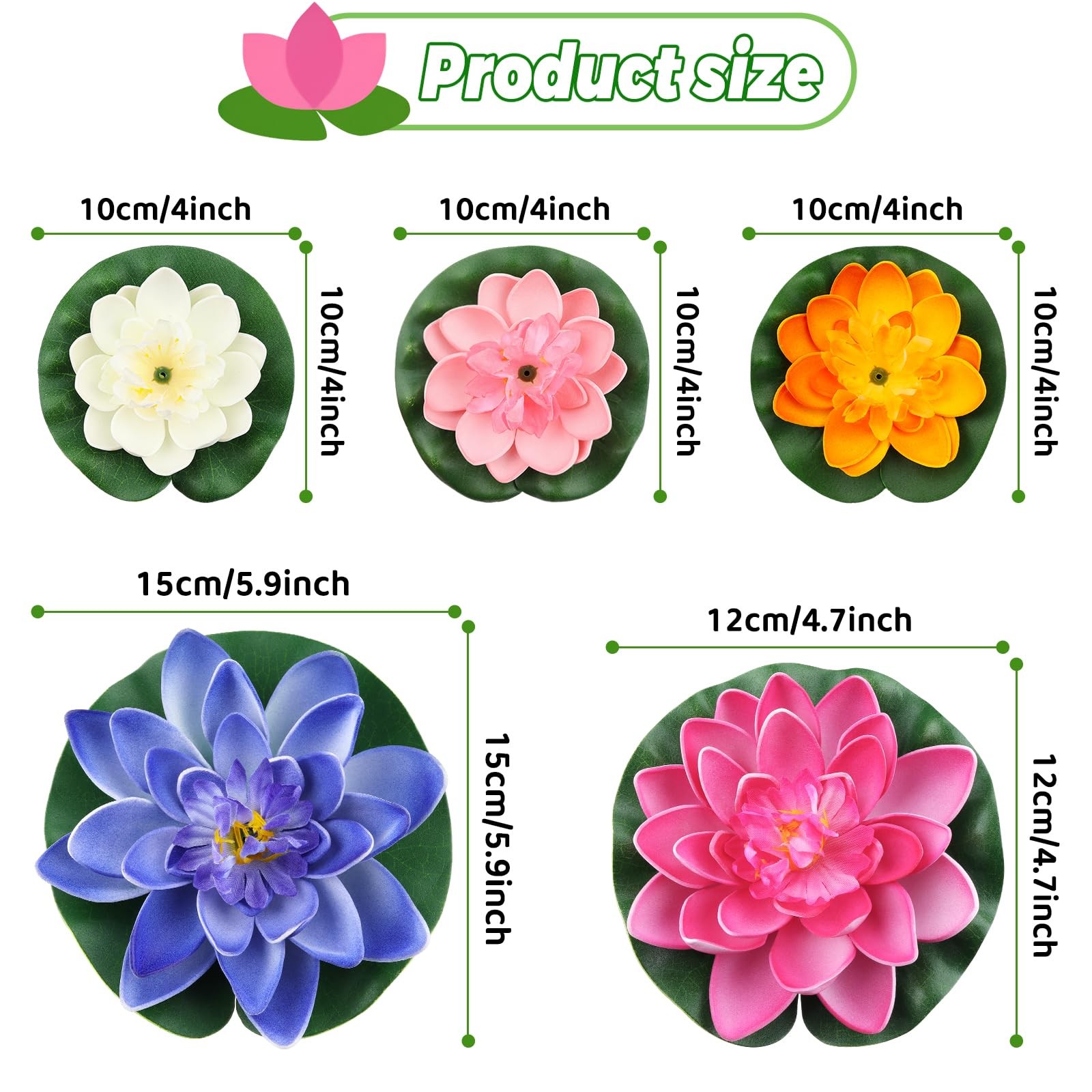 10PCS 3 Sizes Artificial Foam Lotus Floating Flowers with Water Lily Pad Orna…