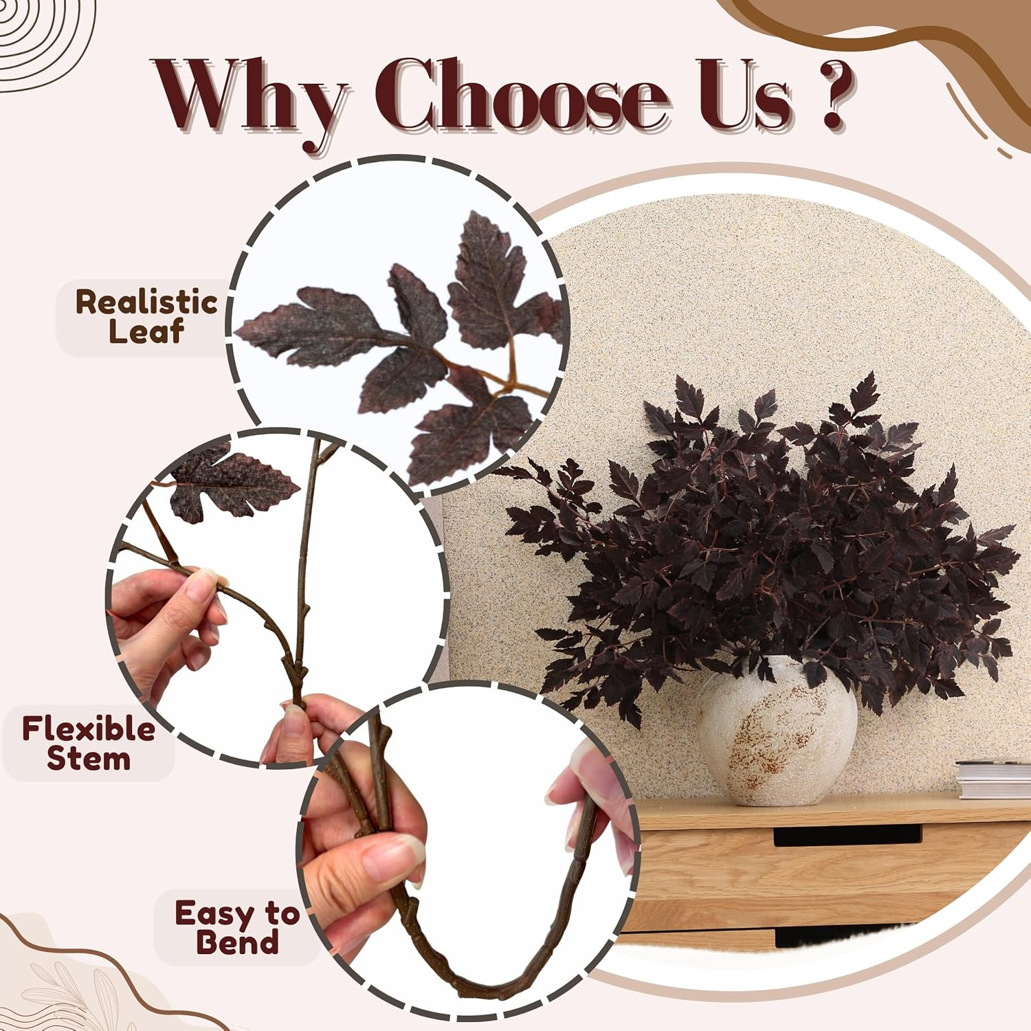 6 Pack Artificial Plum Cimicifuga Leaf Sprays, 24″ Faux Ramosa Branches for Vase