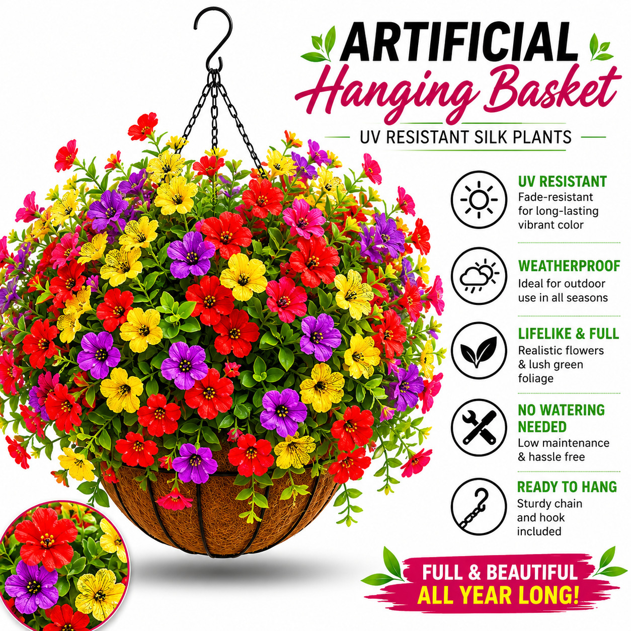Artificial Flowers Hanging Basket Outdoor UV Resistant Silk Plant Porch Patio
