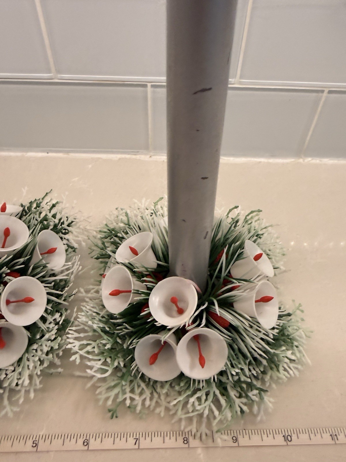 2- Vintage MCM Plastic Christmas Winter Greenery White Bells Floral 4.5 Round