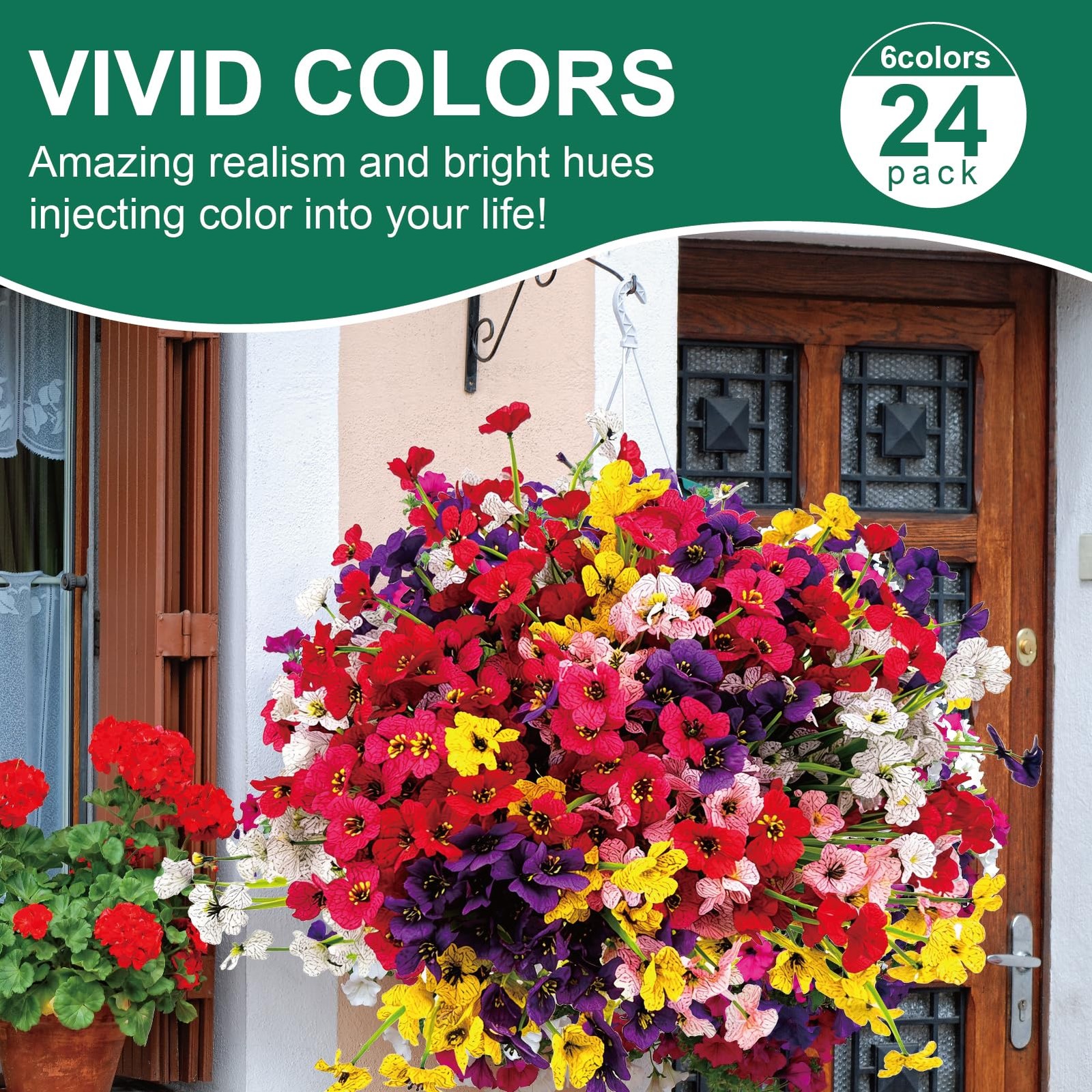 24 Pcs (6 Color) UV Resistant Outdoor Artificial Faux Flowers Plants Realistic P