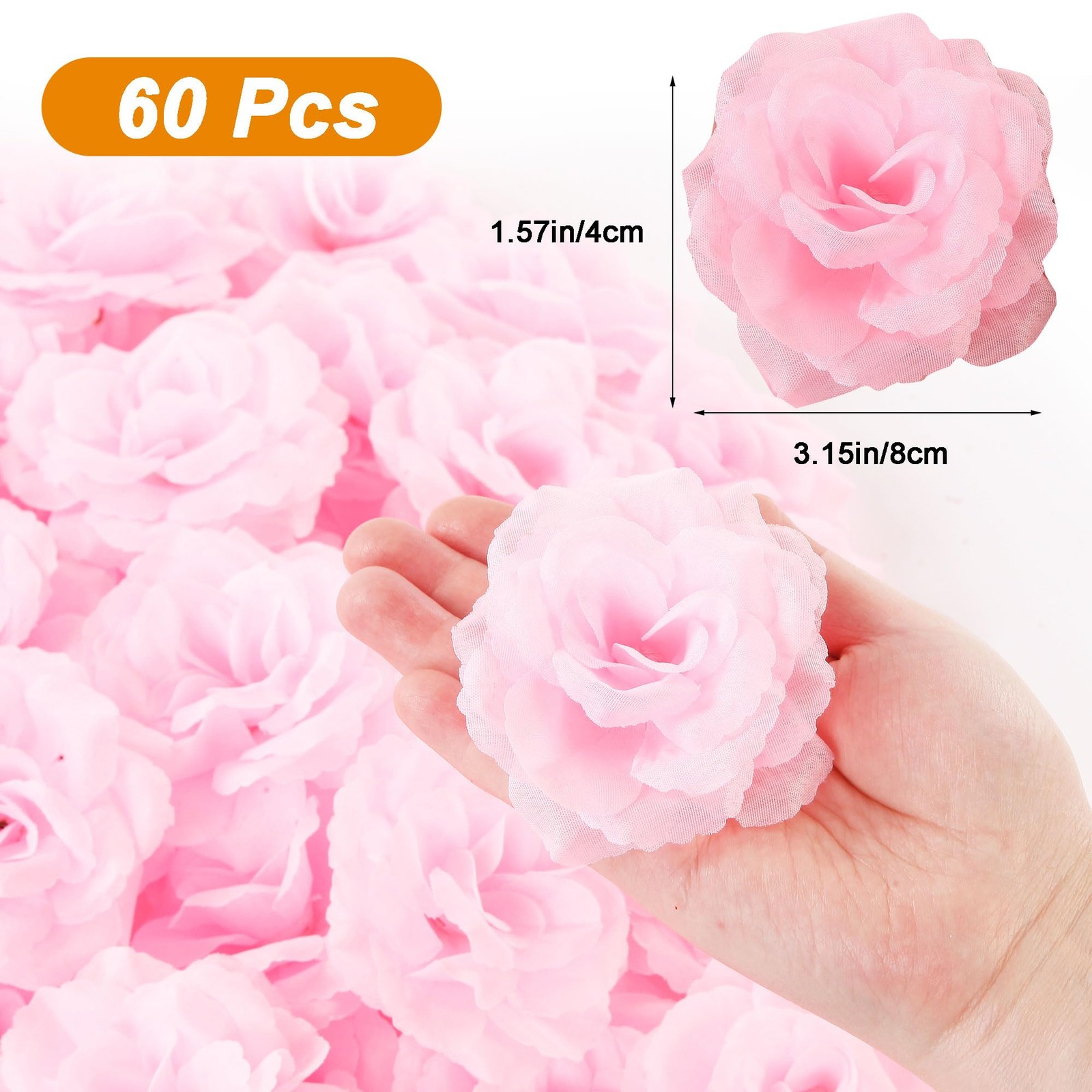 60 Pcs 3.2” Large Pink Roses Artificial Flower Bulk Silk Fake Flower Heads