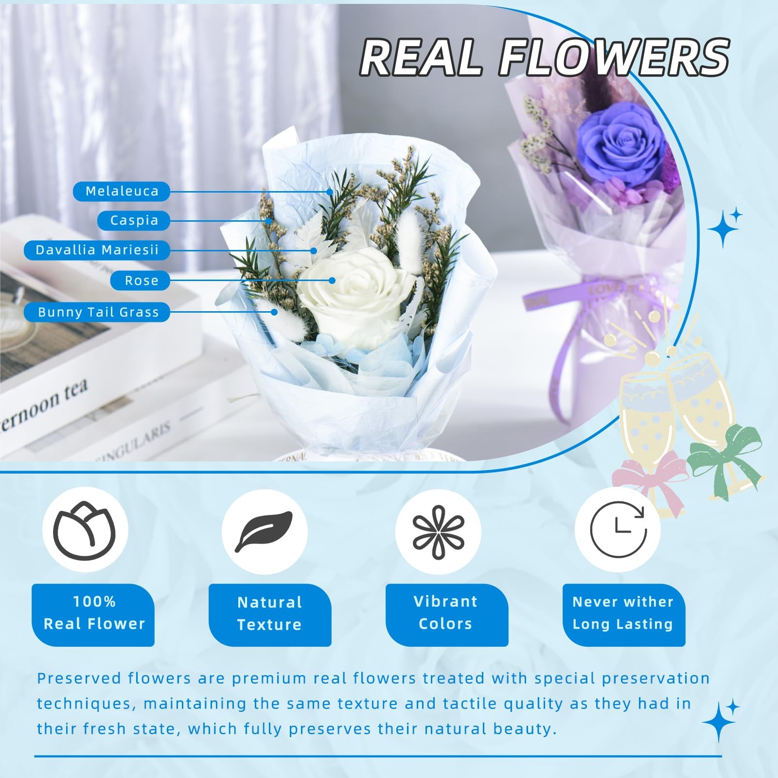 Small Preserved White Rose Bouquet Natural Forever Flowers Arrangement Box