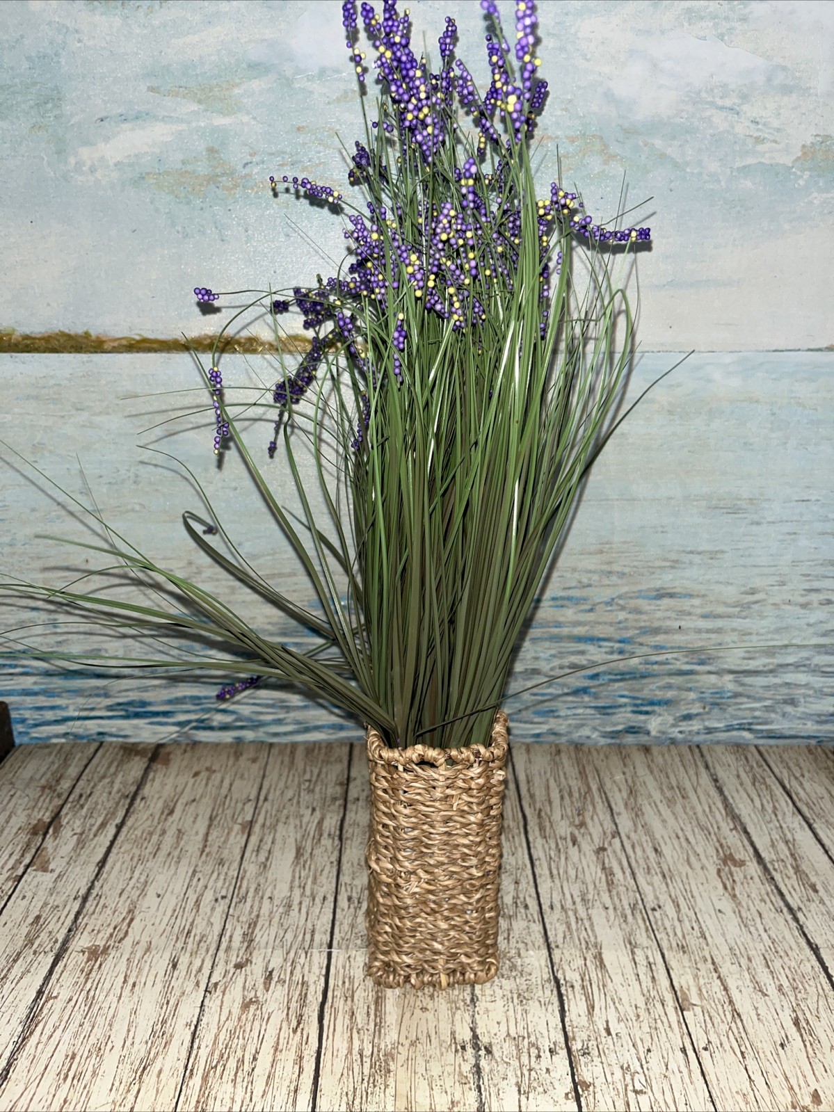 Artificial Lavender Flowers in Woven Sea Grass Basket 4”x16”