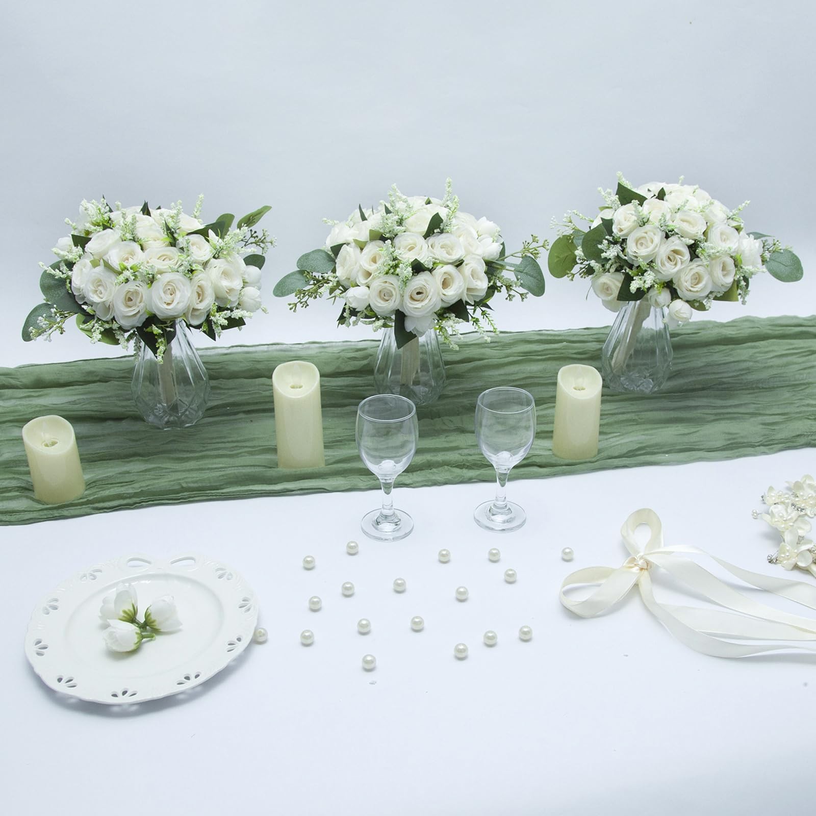 Artificial Bridesmaid Bouquets Set of 3 – Ivory White 9 Inch Various Flower B…