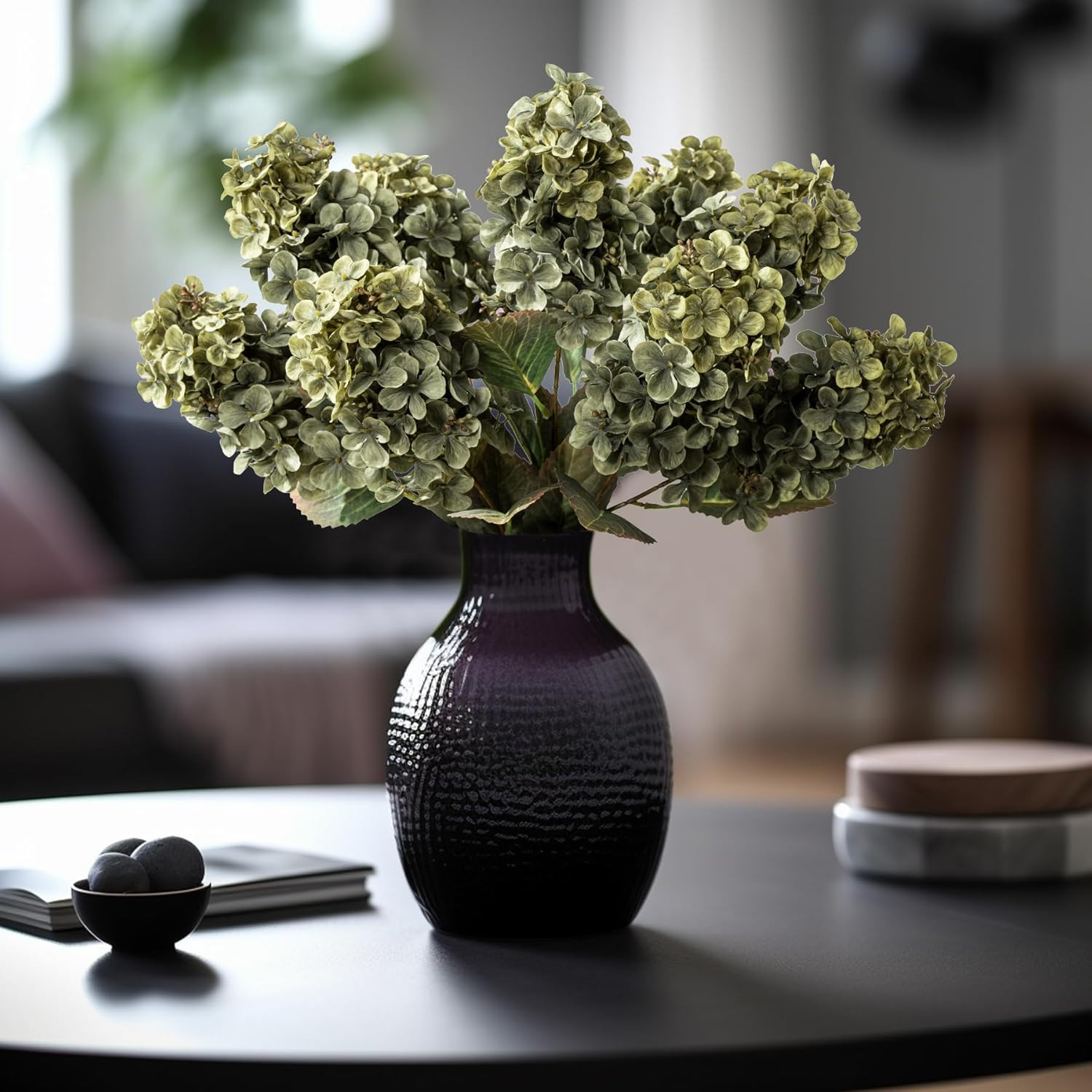 Green Silk Hydrangea Flowers – 8 Pcs Faux Fall Bouquet for Home Decor