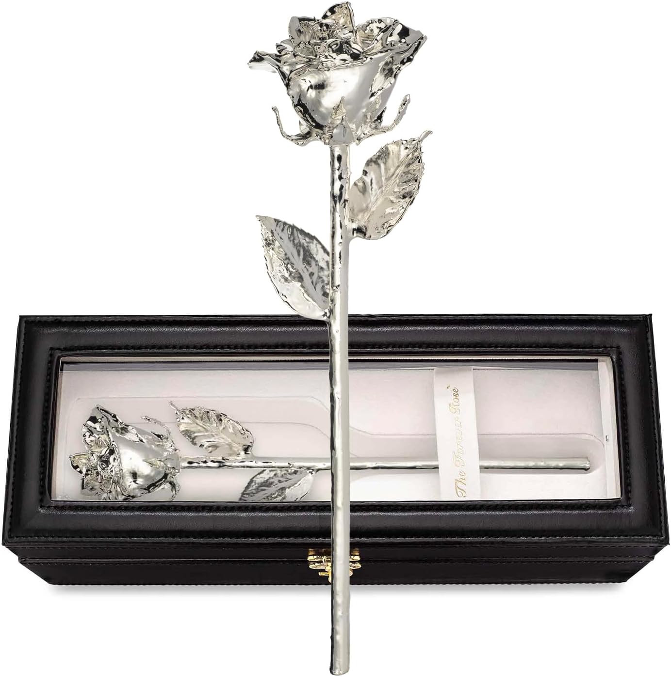 Genuine Hand-Dipped Silver Rose in Luxury Leather Case with LED Lights
