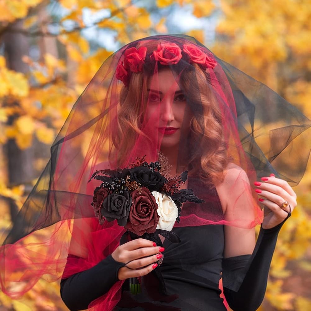 Wedding Bouquets For Bride Bridesmaid Black Burgundy Gothic Artificial Rose