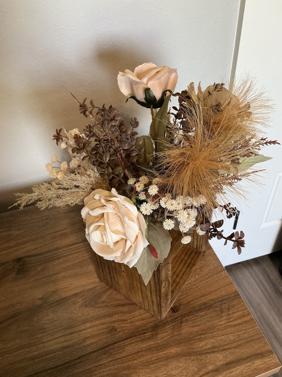 Rustic Farmhouse Wooden Glass Jar Holder W/Dahlia, Rose, & Pampas Grass Bouquet