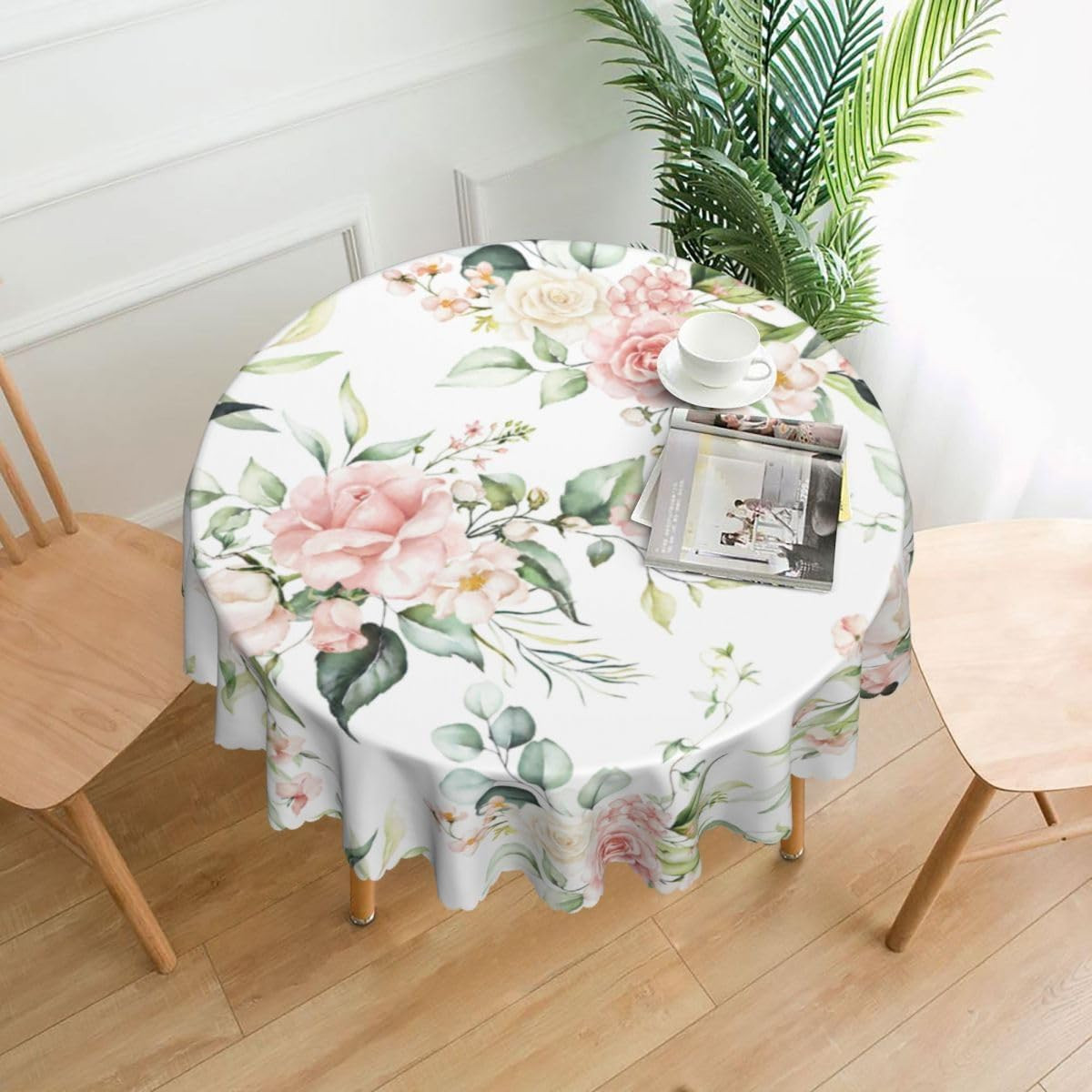Eucalyptus Leaves Floral Table Cloths, Rustic Watercolor Pink Flower Leaves Sage