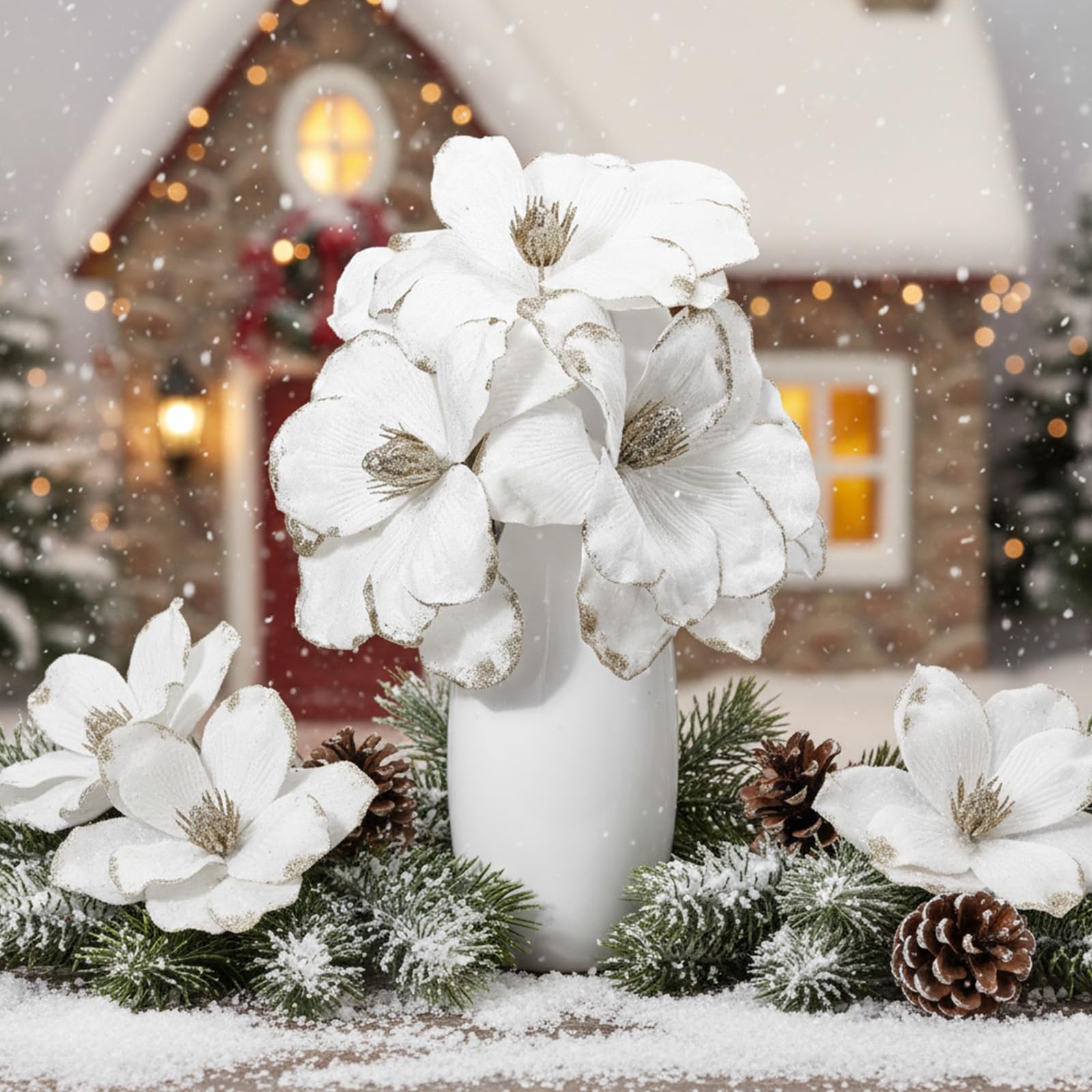 18 Pcs Large Velvet Christmas Poinsettia Magnolia Flowers White Artificial