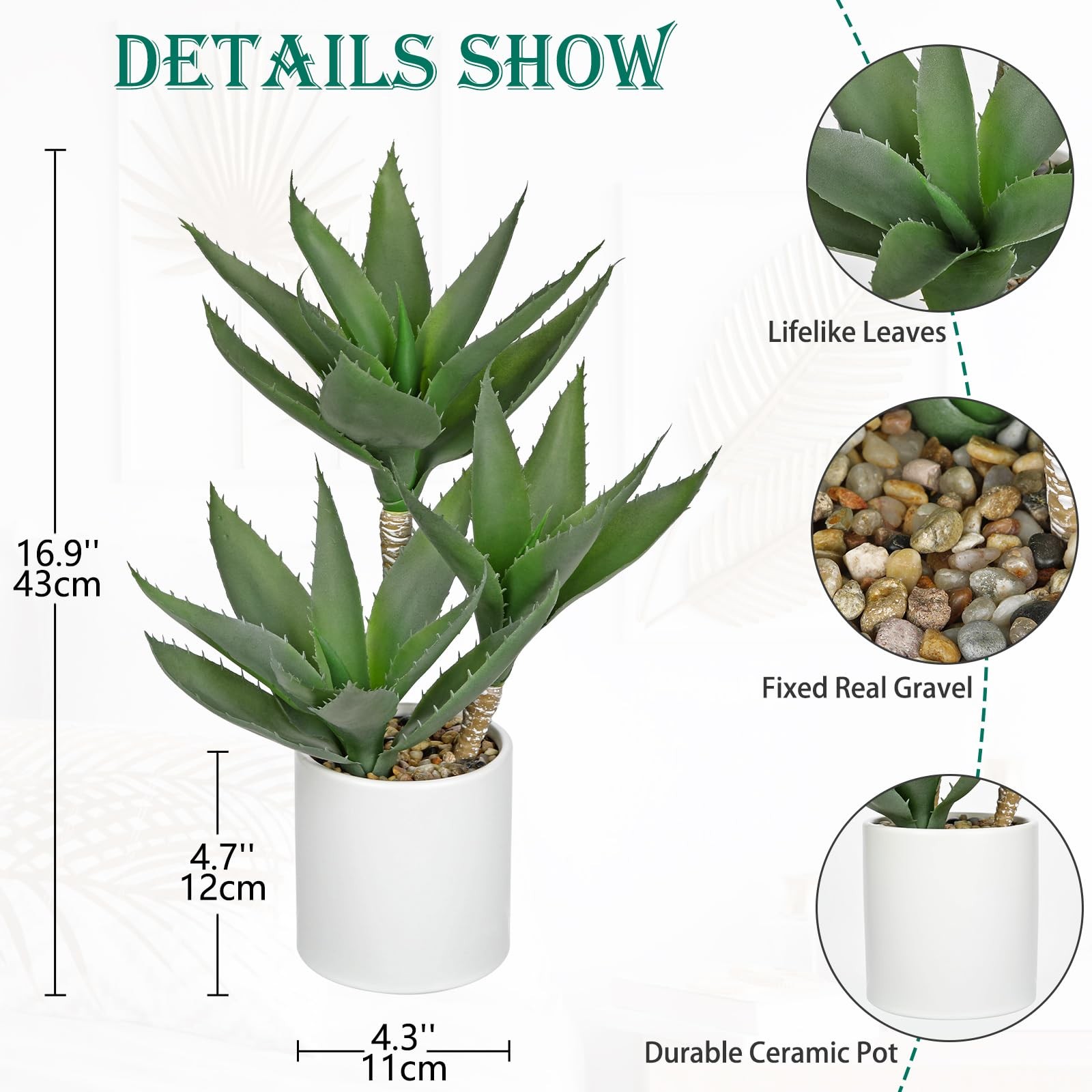 17 Inch Large Artificial Agave Fake 3Head Succulent Potted Aloe Vera Plant