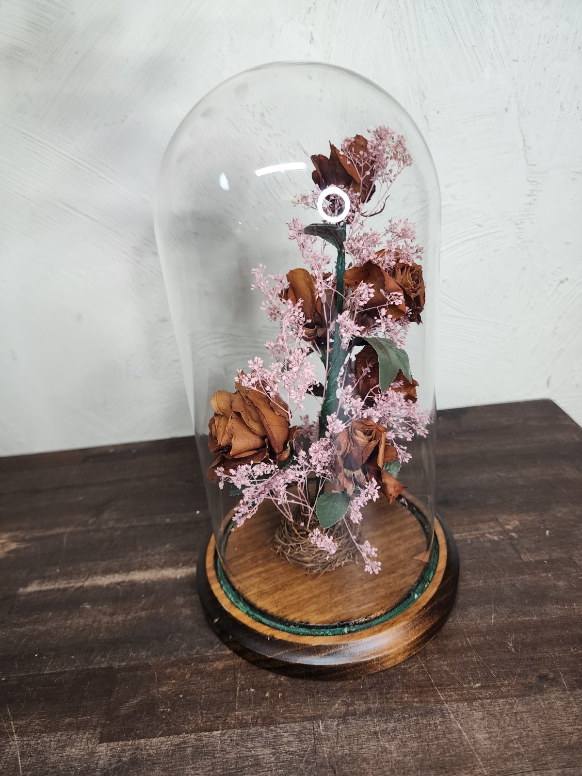 Vintage NATURAL ROSES TYLER TX Dried Flower Glass Dome Cloche Arrangement