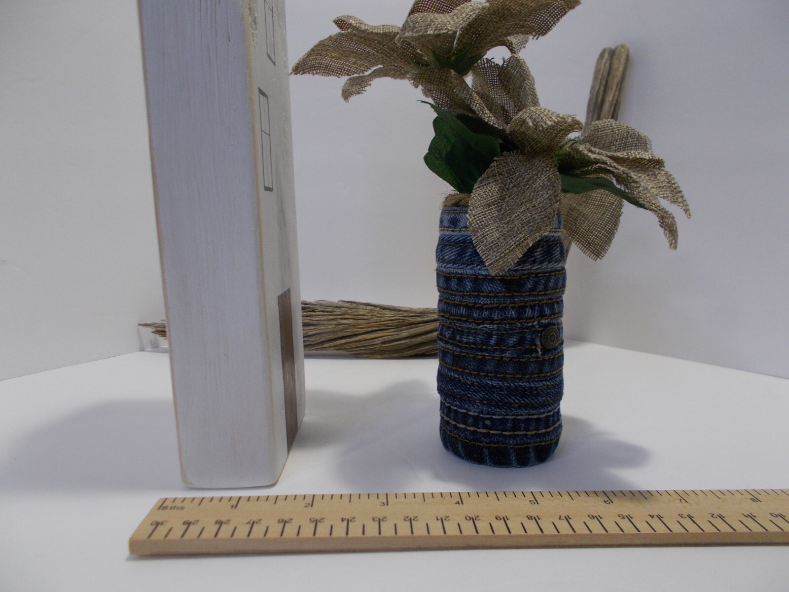 Small Denim Vase from Denim Side Seams w Burlap Flowers & Painted Wooden House