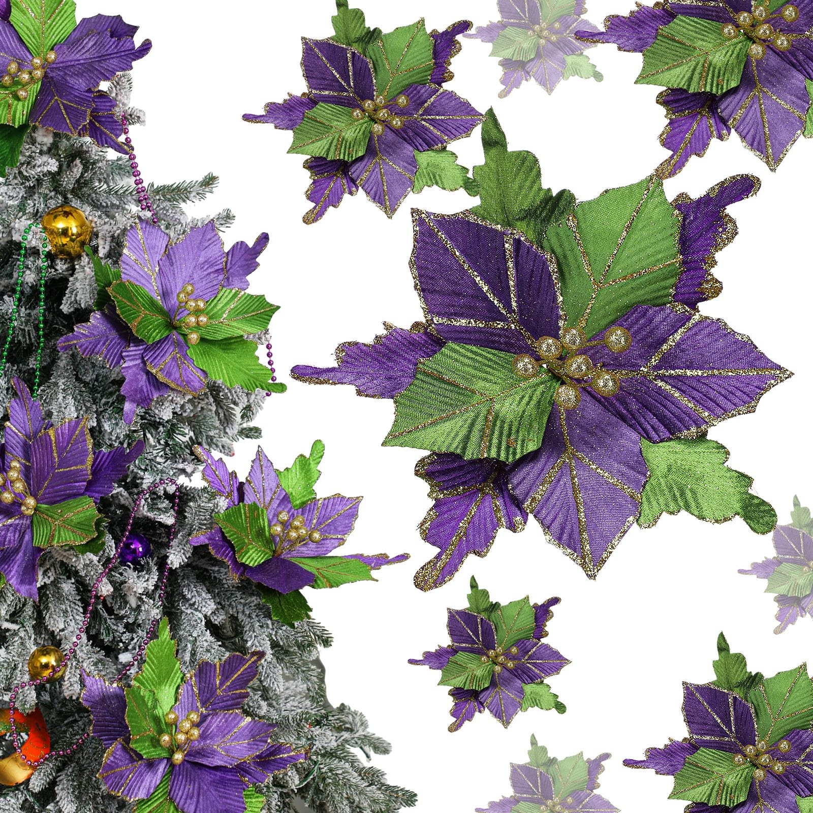 6 Pcs 10” Mardi Gras Poinsettia Flower Large Flowers Glitter Artificial Tree…