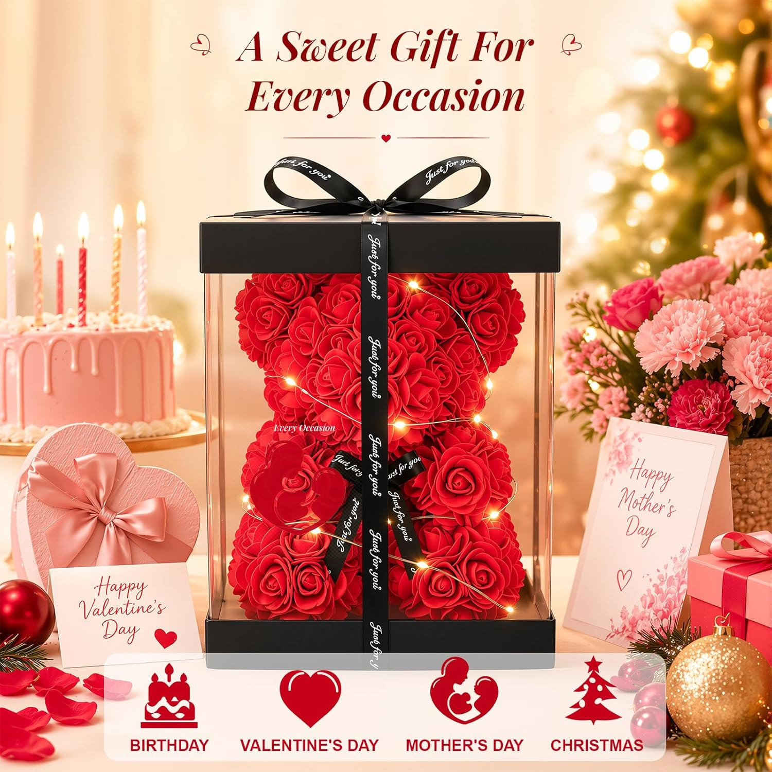 Preserved Artificial Roses Flowers Bear, Forever Women Gifts for Birthday Christ