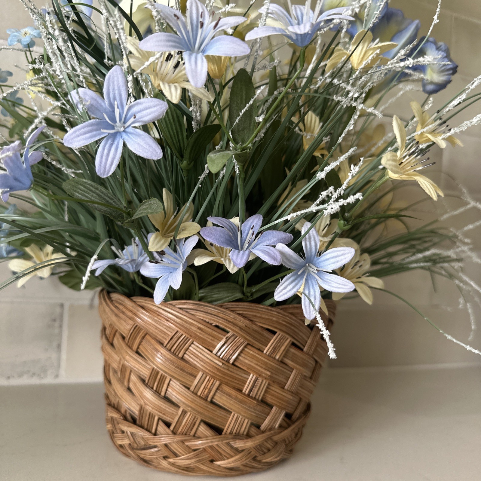 ARTIFICIAL FLORAL ARRANGEMENT Blue, White, Yellow, Green 12″ High