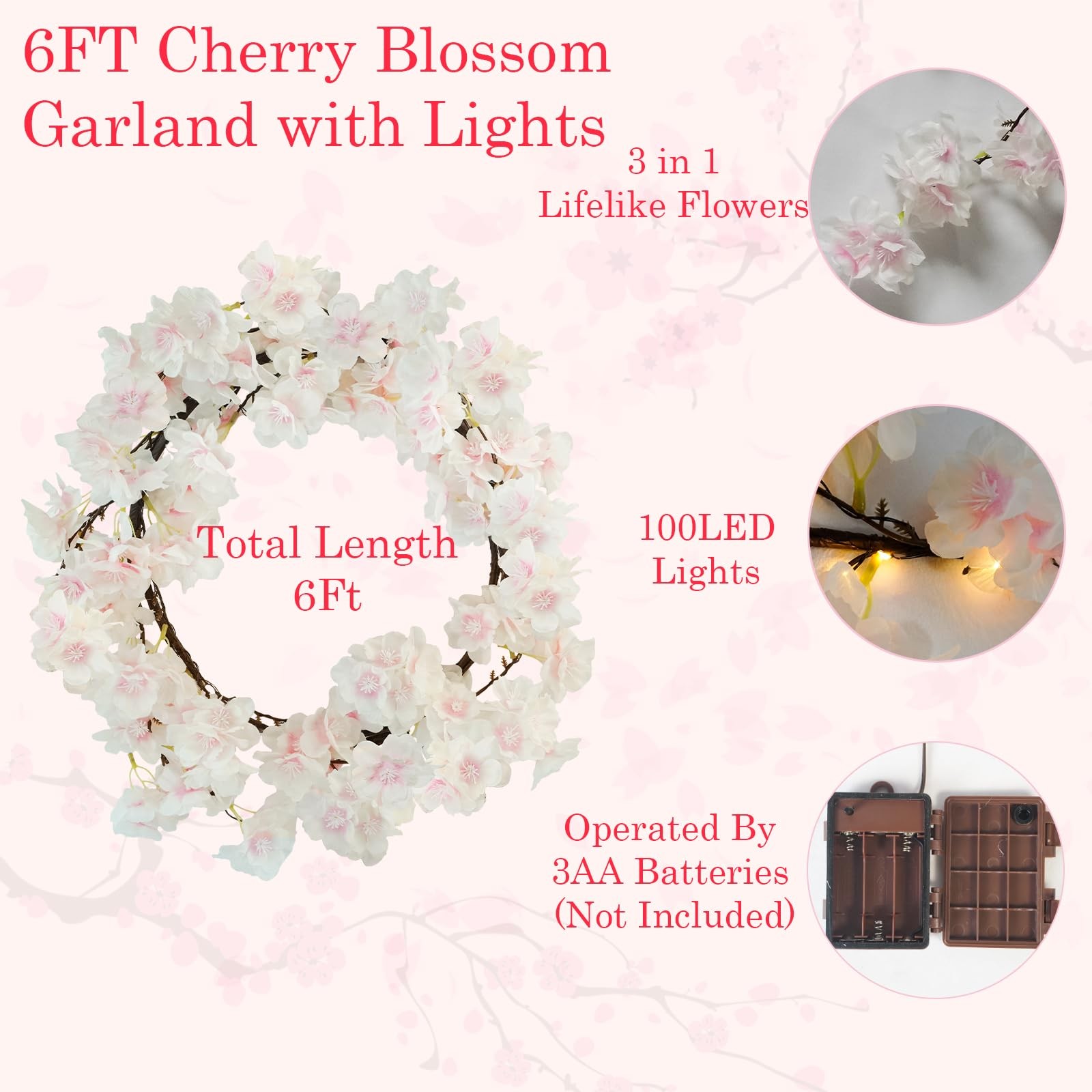 6FT Lighted Cherry Blossom Garland with 100 Fairy Lights Timer Battery Operat…