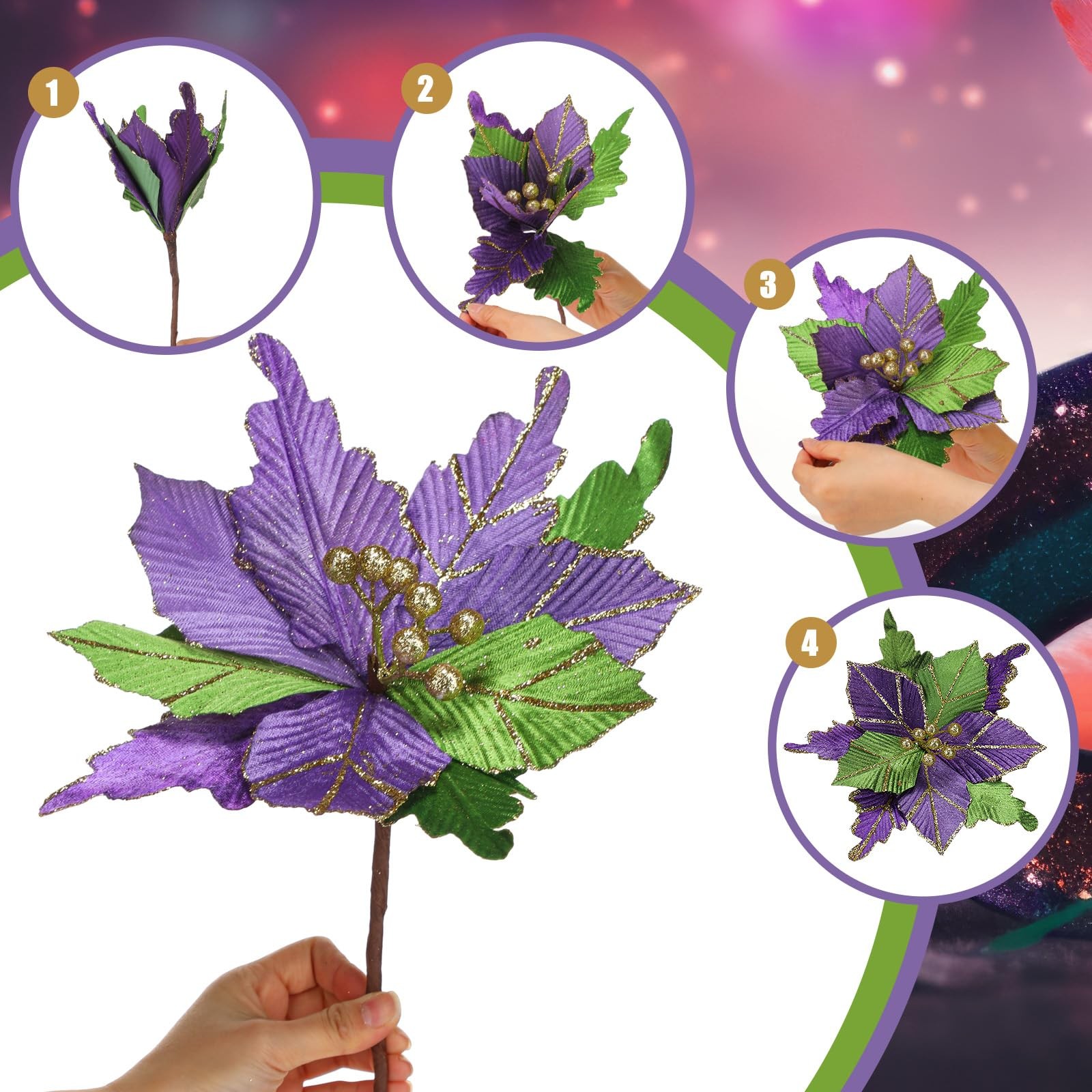 6 Pcs 10” Mardi Gras Poinsettia Flower Large Flowers Glitter Artificial Tree…