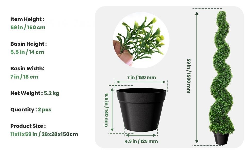 2 Pcs 5FT Artificial Boxwood Spiral Topiary Trees PE Faux Topiary Trees