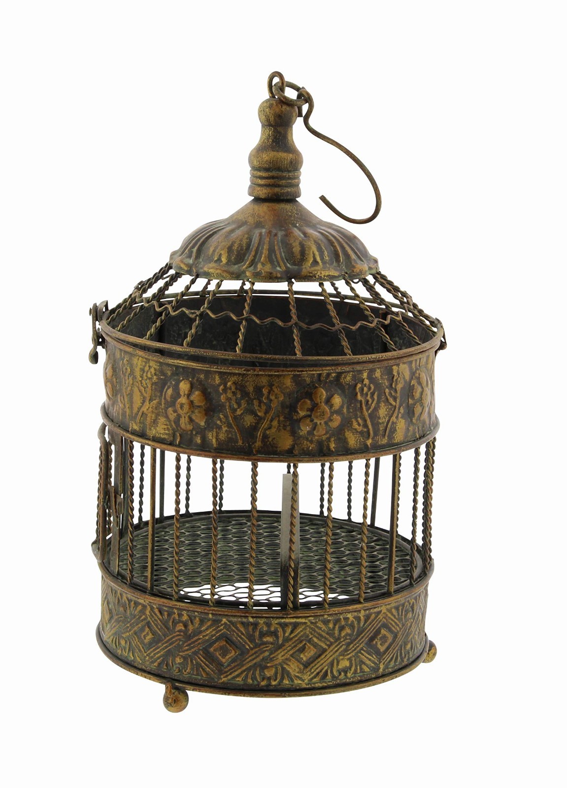 Antique Metal Floral Birdcage Set of 2 – Twisted Rod, Latch Closure, Hanging Hoo