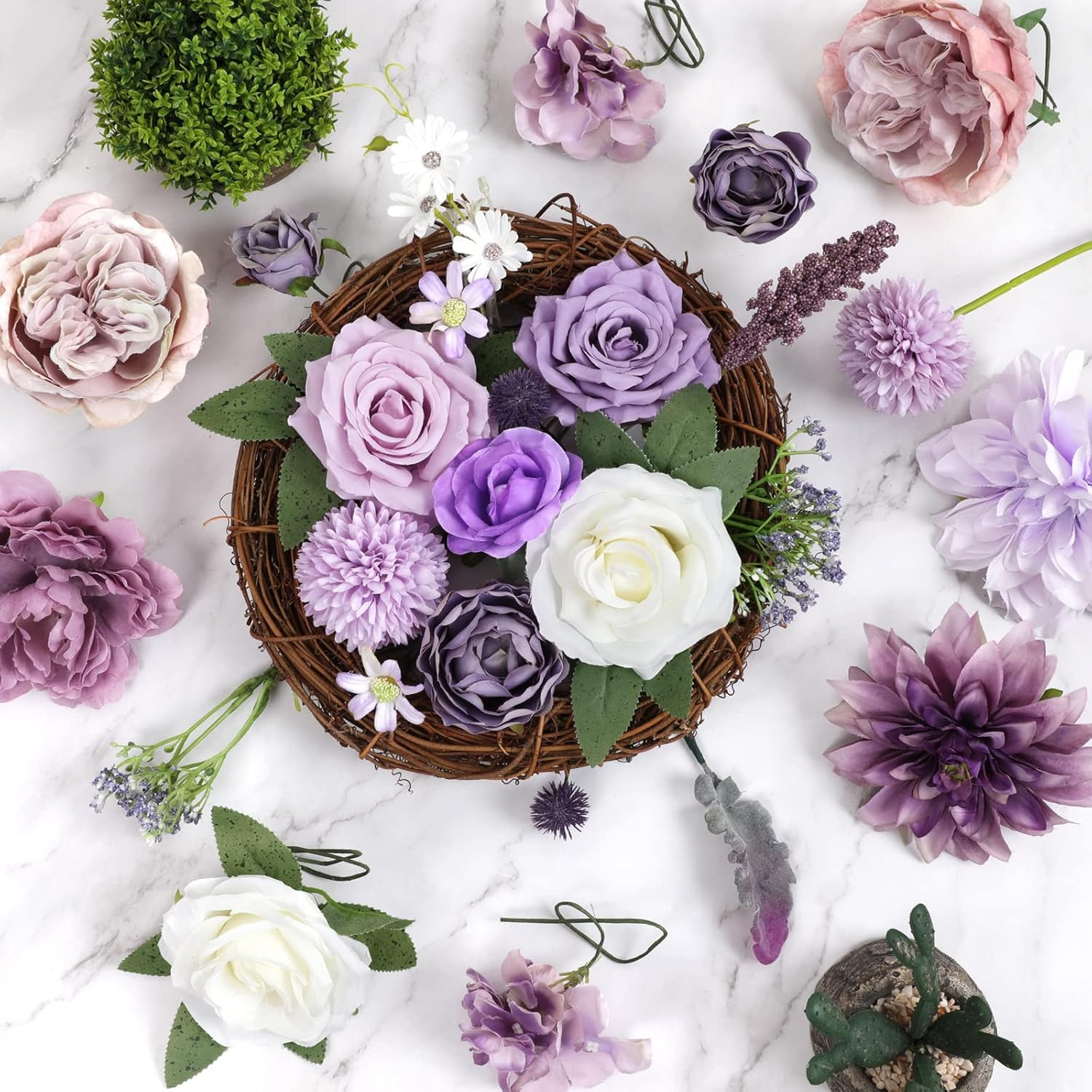 Artificial Purple Flowers Combo Silk Mix Peony Rose Hydrangea Fake Flowers W/Ste