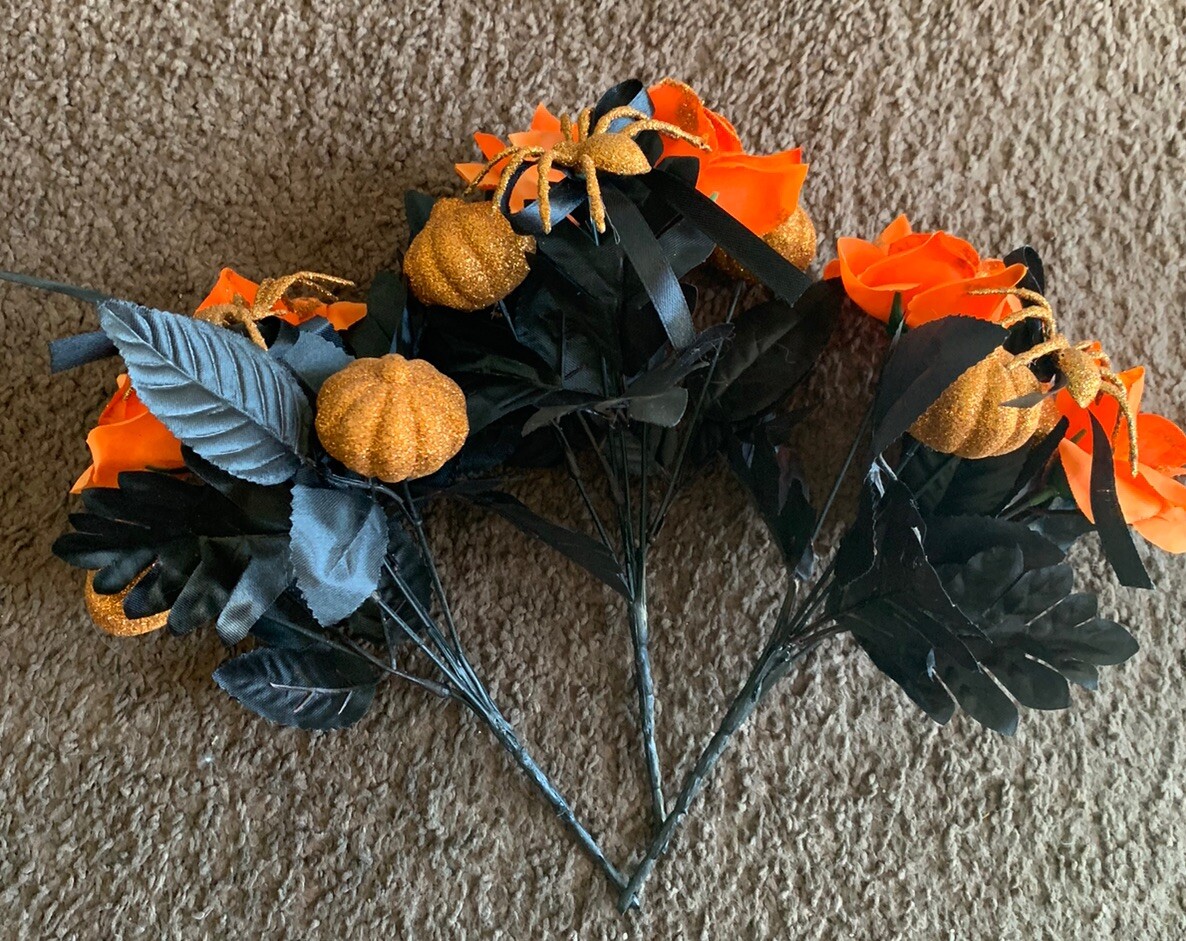 14 Pc Mixed Lot Halloween Artificial Black Rose Bouquet Gothic Flowers Decor